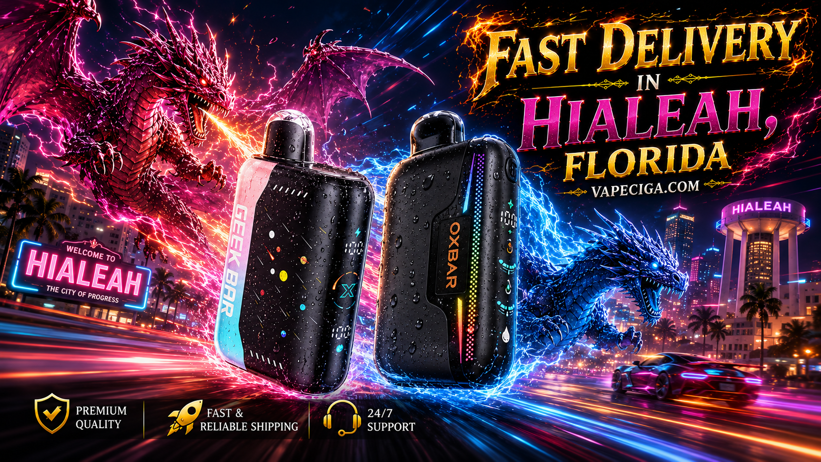 A vibrant fantasy-themed advertisement showcases two vape devices, Geek Bar and Oxbar, with sleek black designs glowing in neon accents. A red dragon breathes fire while a blue dragon unleashes lightning above the illuminated Hialeah skyline and palm trees. Bold golden text promotes fast delivery in Hialeah, Florida through Vapeciga.com, with service icons highlighting premium quality, fast and reliable shipping, and 24/7 support.
