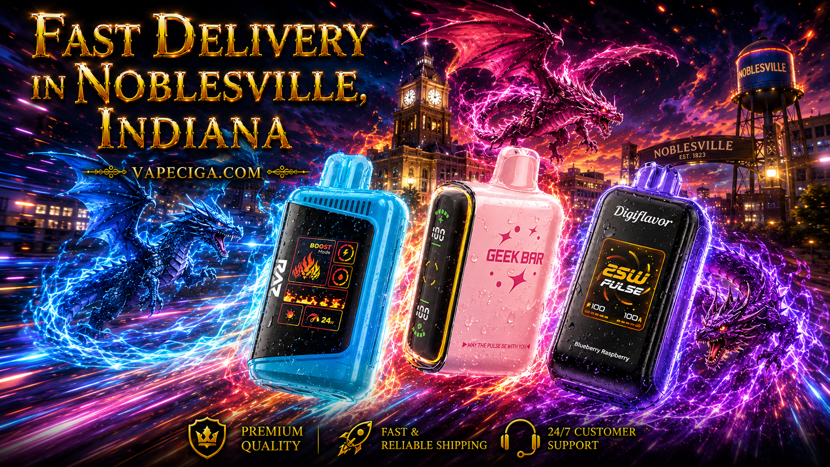 The image presents three vape devices — a blue RAZ Boost Mode, a pink Geek Bar Pulse, and a black Digiflavor ZSW Pulse Blueberry Raspberry — glowing with vivid energy effects. Purple and blue dragons swirl light trails above the Noblesville, Indiana skyline, with its clock tower and water tower in view. Bold text promotes fast delivery through Vapeciga.com, supported by icons for premium quality, reliable shipping, and 24/7 customer support.