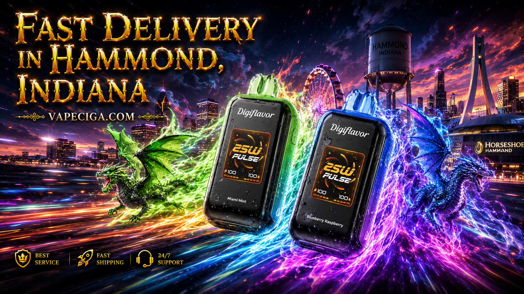 The image highlights two Digiflavor ESW Pulse vape devices in flavors Miami Mint and Blueberry Raspberry, glowing against a fantasy-styled Hammond, Indiana cityscape. Green and blue dragons swirl energy trails around landmarks like the Horseshoe Hammond casino and water tower, while bold text promotes fast delivery through Vapeciga.com. Service icons below emphasize best service, fast shipping, and 24/7 support.