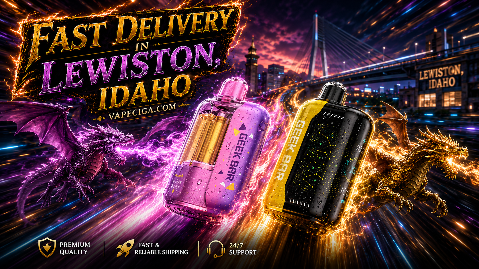 A vibrant promotional banner for Vapeciga showcases two colorful Geek Bar disposable vapes racing through a futuristic version of Lewiston, Idaho, surrounded by blazing energy trails, water droplets, and glowing dragons that match each device's color. The design features bold 