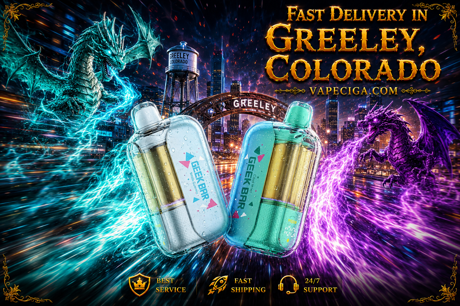 A dynamic promotional banner features two futuristic Geek Bar disposable vapes racing through a neon-lit cyberpunk version of Greeley, Colorado, surrounded by glowing blue and purple dragons with blazing energy trails. The devices are covered in realistic water droplets while vibrant flames, smoke, and colorful light streaks emphasize speed, with the headline 