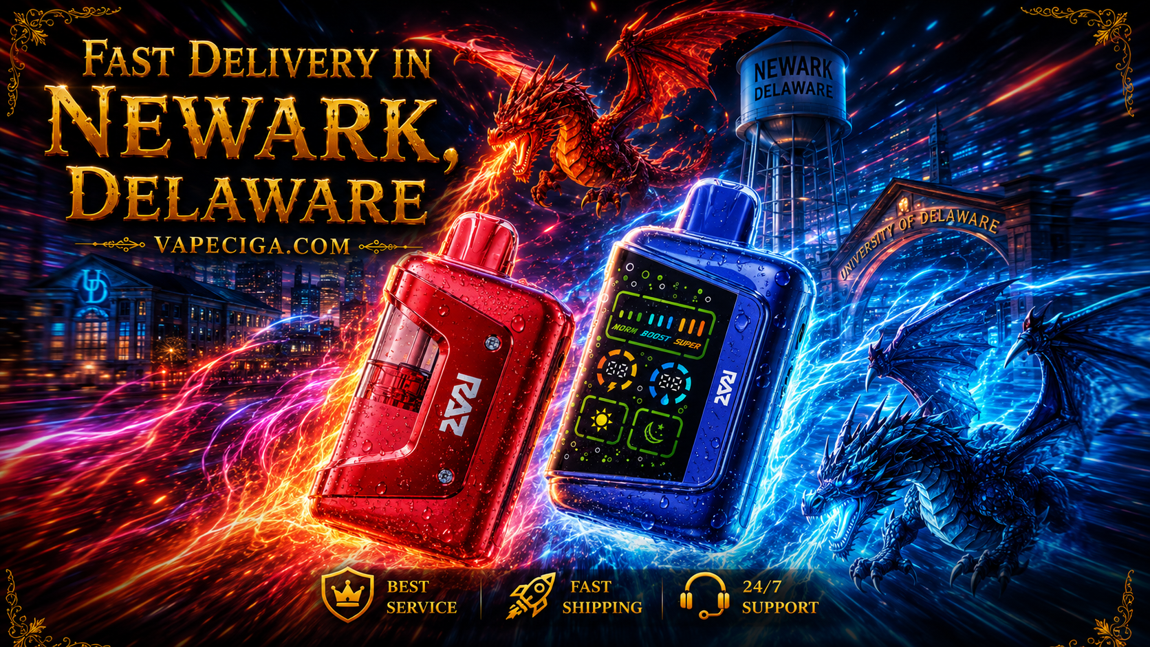 A bold promotional banner features two high-performance disposable vape devices flying through a futuristic Newark, Delaware cityscape with glowing energy trails, water droplets, and fire effects. Color-matched dragons surround the vapes, while iconic Newark landmarks and service icons emphasize fast shipping, premium customer service, and 24/7 support from Vapeciga.