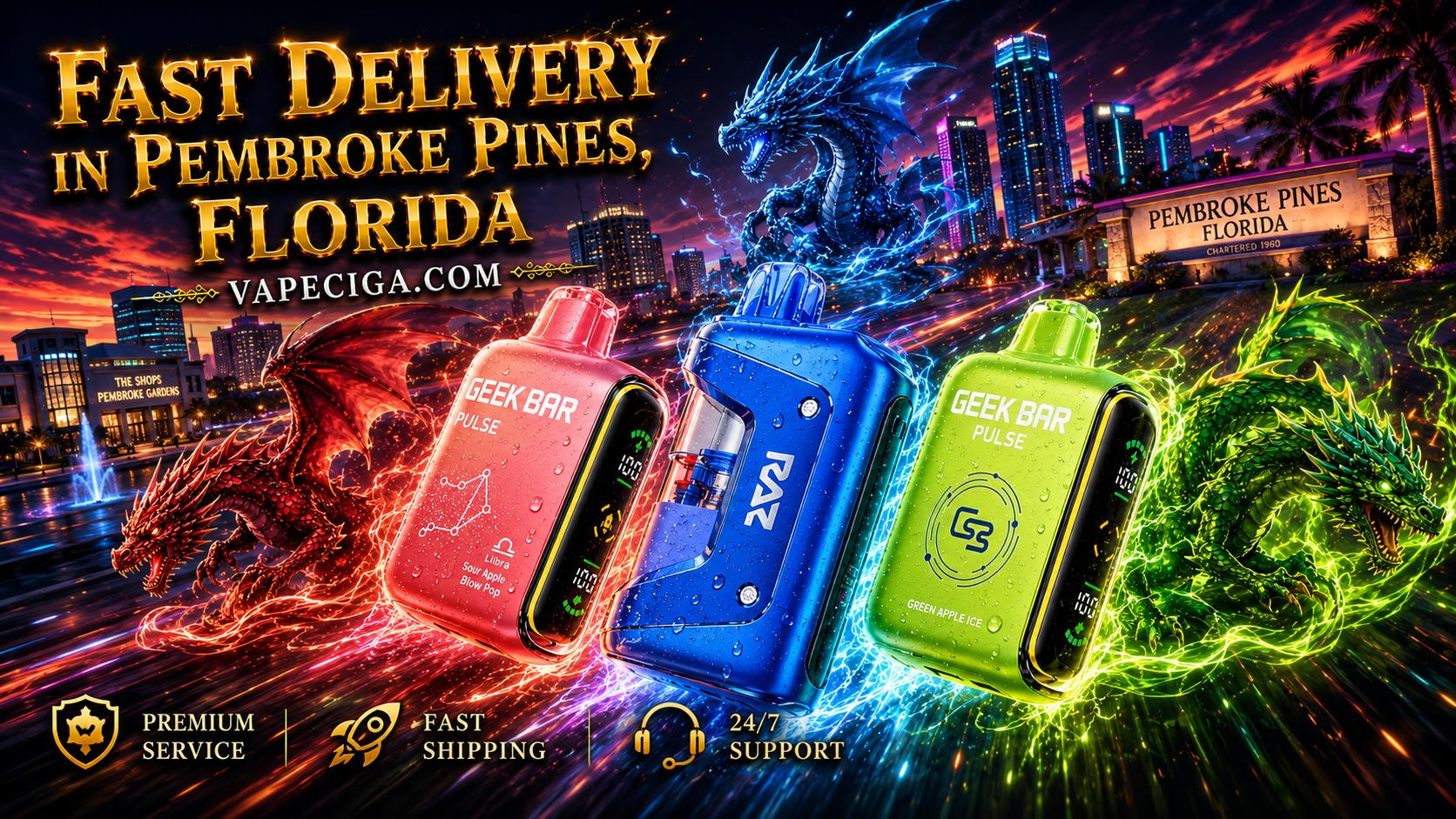 This promotional banner highlights three vape devices set against a vibrant Pembroke Pines cityscape at sunset, enhanced with glowing energy and fantasy dragons. The bold text emphasizes fast delivery in Pembroke Pines, Florida, while Vapeciga.com and service icons reinforce premium quality, reliable shipping, and 24/7 support. The dramatic design blends modern vaping products with mythical elements to create a striking and dynamic advertisement.