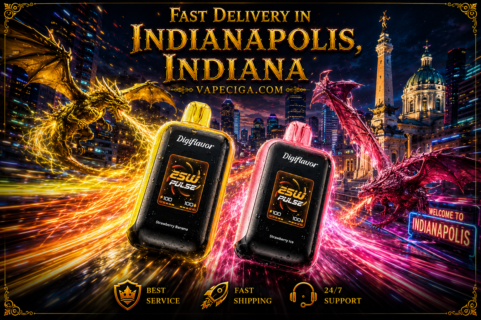 The advertisement showcases two vape devices — a Digiflavor Strawberry Banana and an ESW Pulse Strawberry Ice — glowing with neon energy effects against the illuminated skyline of Indianapolis, Indiana. A golden dragon and a red dragon breathe fiery light above the Soldiers and Sailors Monument, creating a vivid fantasy-inspired atmosphere. The banner emphasizes fast delivery and premium service from Vapeciga.com, supported by icons for best service, fast shipping, and 24/7 support.
