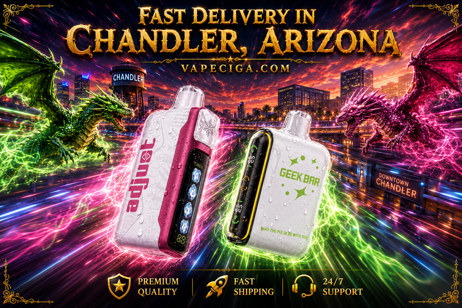 The vibrant banner highlights two vape devices — a pink adjuet with a digital display and a green GEEK BAR Pulse with the slogan May the Pulse Be With You. A green dragon and a red dragon swirl with glowing energy trails across Chandler’s skyline, featuring neon lights, the water tower, and the Downtown Chandler sign. Text emphasizes Fast Delivery in Chandler, Arizona with Vapeciga.com, supported by icons for premium quality, fast shipping, and 24/7 support.