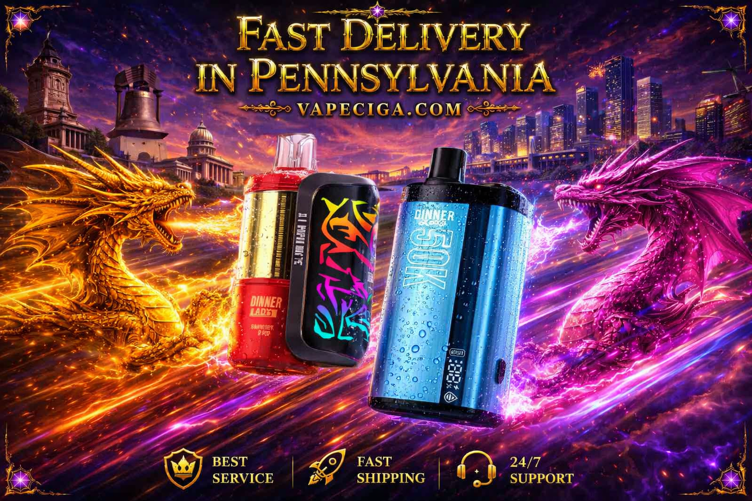 Two vibrant vape devices stand at the center, flanked by golden and purple dragons breathing fire and energy against a futuristic city skyline with Pennsylvania landmarks like the Liberty Bell. Bold text announces “Fast Delivery in Pennsylvania” above the Vapeciga.com branding. At the bottom, icons highlight best service, fast shipping, and 24/7 support, creating a dynamic fantasy‑styled advertisement.