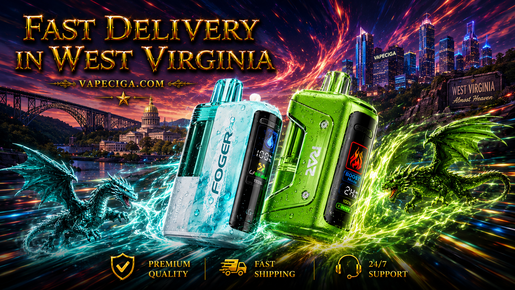 A colorful advertisement highlights two vape devices, Foger in blue and Rav in green, glowing with energy effects. Blue and green dragons swirl dynamically around the products, set against West Virginia landmarks like the State Capitol, a bridge, and a stylized cityscape. Bold text promotes “Fast Delivery in West Virginia” with Vapeciga.com, supported by icons for premium quality, fast shipping, and 24/7 support.