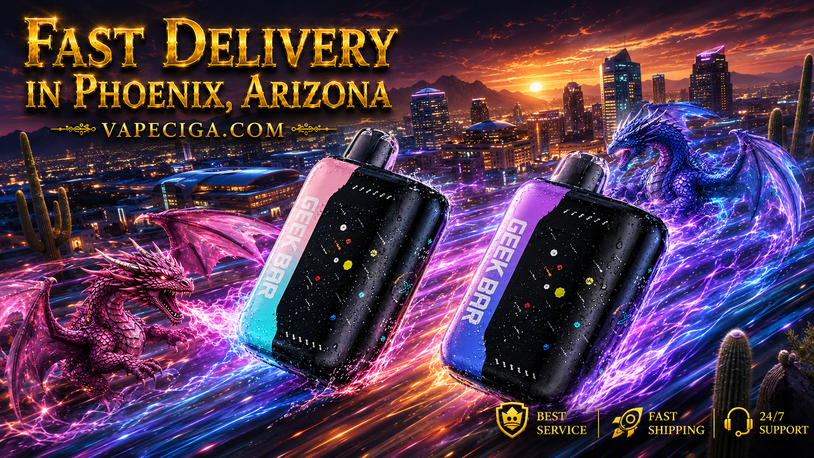 The vibrant banner features two GEEK BAR vape devices glowing with dynamic energy effects, one in blue labeled Blueberry Ice and the other in pink with the slogan May the Pulse Be With You. A pink dragon and a blue dragon breathe power across Phoenix’s skyline at sunset, with skyscrapers, mountains, and desert cacti in the background. Text emphasizes Fast Delivery in Phoenix, Arizona with Vapeciga.com, supported by icons for best service, fast shipping, and 24/7 support.