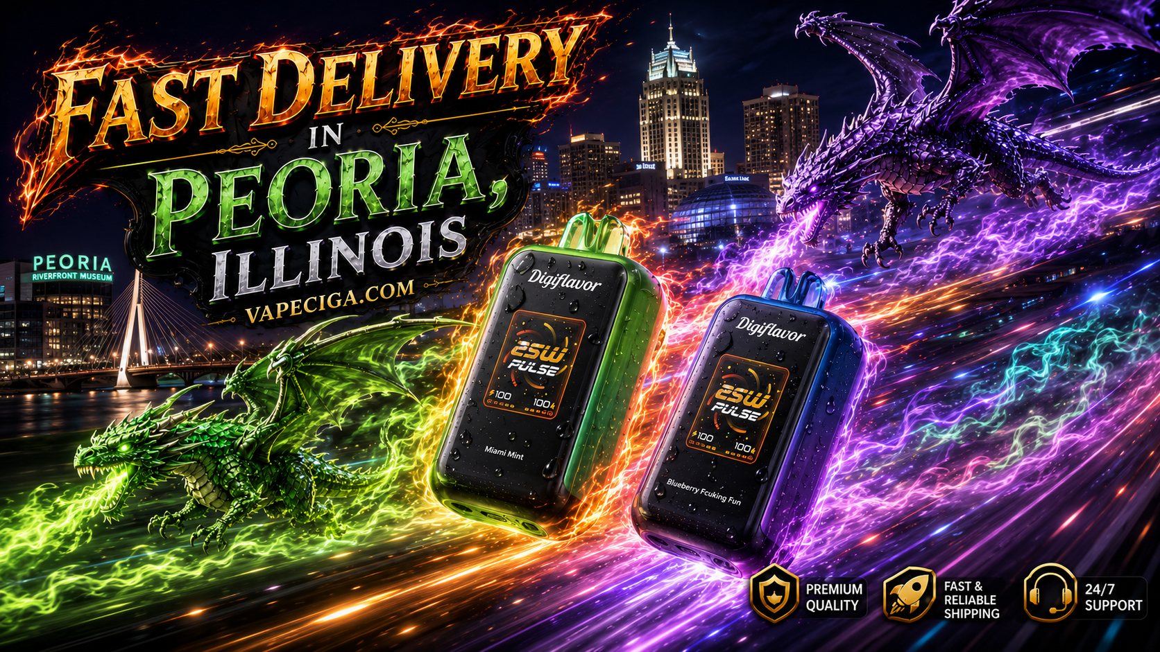 The advertisement showcases two Digiflavor ESW Pulse vape devices — a green Miami Mint and a purple Blueberry flavor — glowing with dynamic energy trails against the illuminated skyline of Peoria, Illinois. A green dragon and a purple dragon emerge with matching fiery and electric effects, surrounding the devices in a dramatic fantasy scene. The banner emphasizes fast delivery and premium service from Vapeciga.com, supported by icons for premium quality, reliable shipping, and 24/7 support.