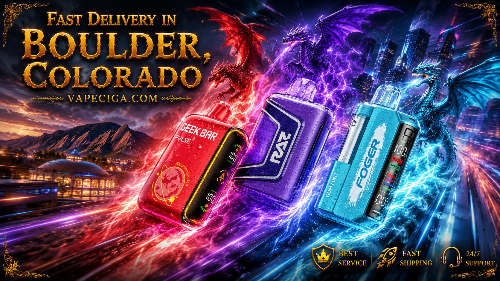 A striking fantasy-style banner features three disposable vape devices flying at high speed through a futuristic Boulder, Colorado cityscape with the iconic Flatirons in the background. Each vape is covered in realistic water droplets and surrounded by a uniquely colored dragon, while glowing energy trails, flames, and bold golden lettering highlight fast delivery from Vapeciga.com and premium customer service.