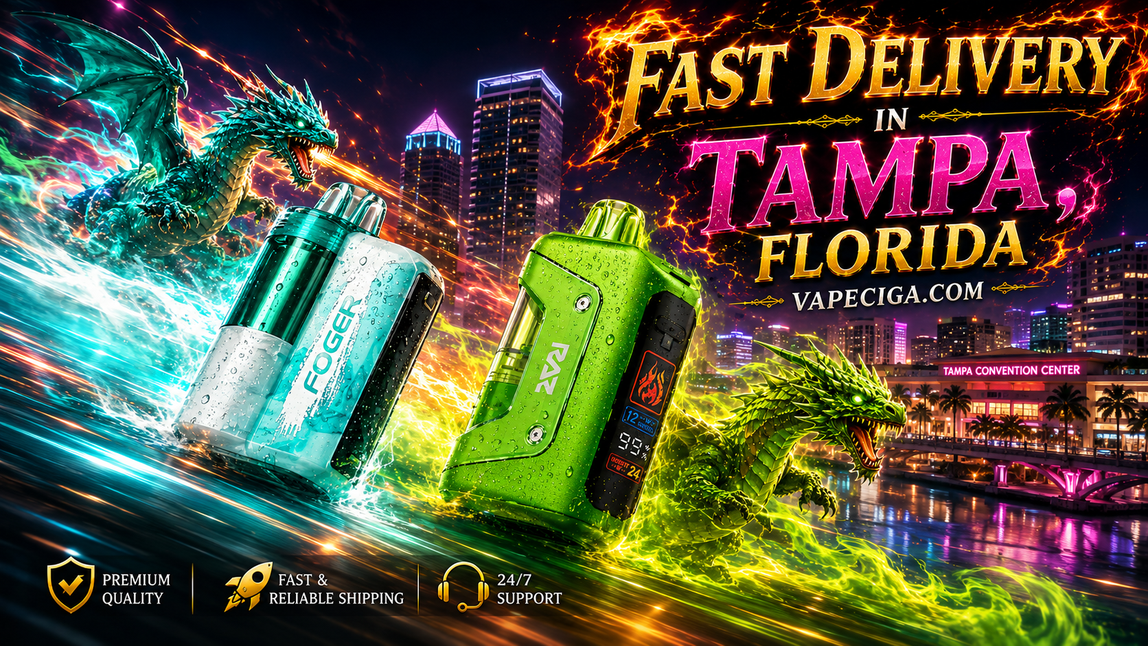 A vibrant fantasy-themed advertisement showcases two vape devices, Foger in turquoise and RAZ in green, glowing with radiant energy effects. Behind them, green and blue dragons breathe fire and swirl with dynamic trails above the illuminated Tampa skyline and convention center. Bold golden text promotes fast delivery in Tampa, Florida through Vapeciga.com, with service icons highlighting premium quality, fast and reliable shipping, and 24/7 support.