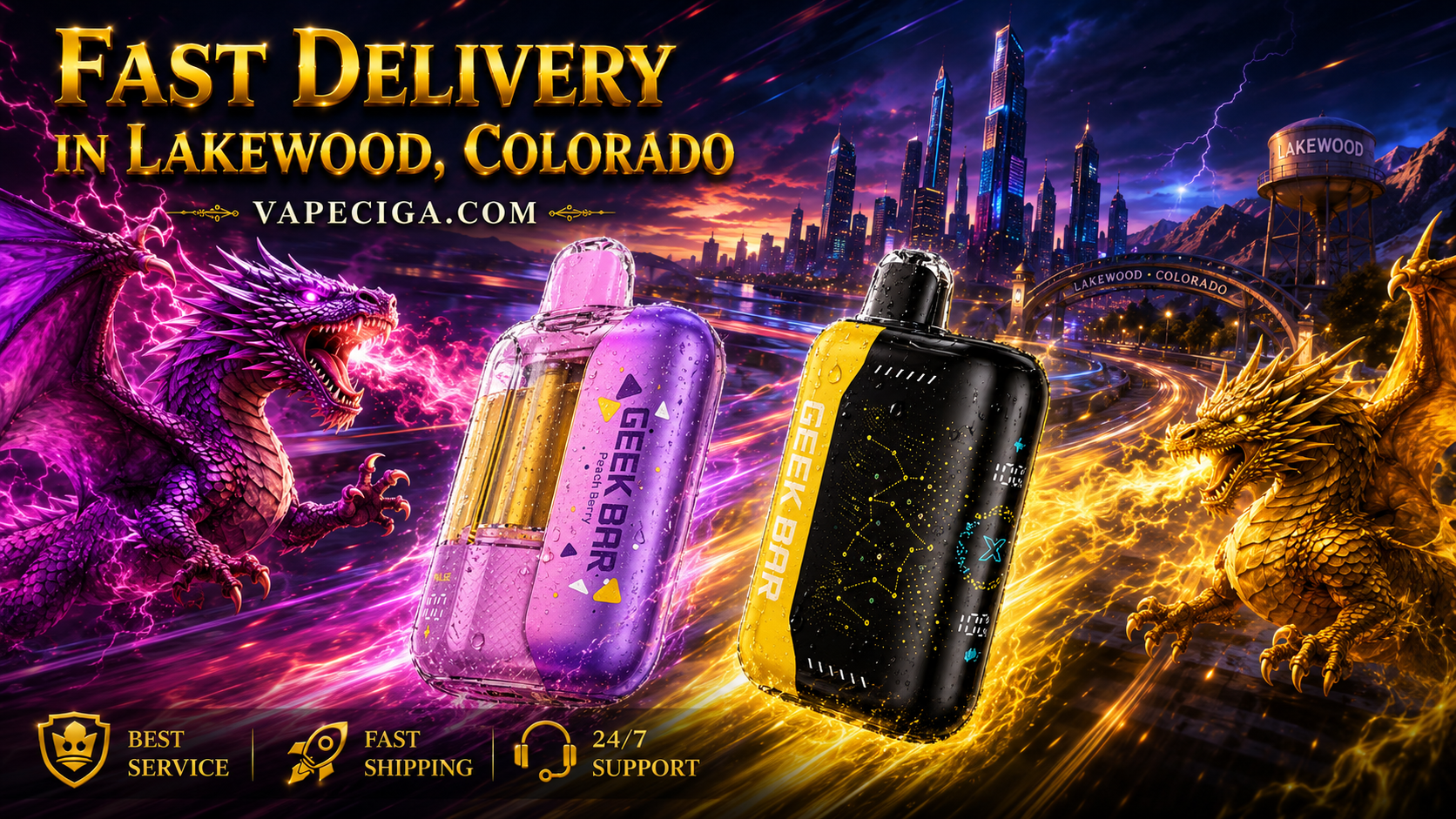 A striking promotional banner features two Geek Bar disposable vapes with realistic water droplets flying through a futuristic Lakewood, Colorado skyline, surrounded by purple and golden dragons that match the colors of each device. Brilliant energy trails, glowing lightning, and fiery effects create a sense of extreme speed, while elegant gold lettering highlights 