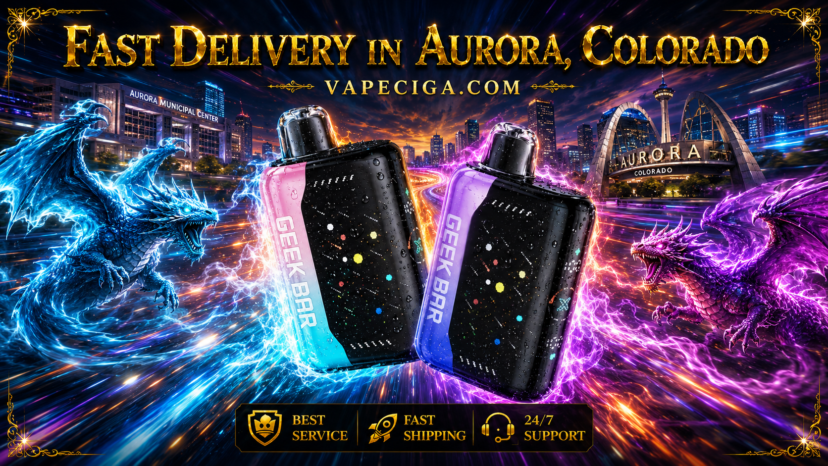 A striking promotional banner features two Geek Bar disposable vapes surrounded by glowing blue and purple dragons as they race through a futuristic Aurora, Colorado skyline filled with iconic city landmarks. Bold golden lettering promotes fast delivery from Vapeciga.com, while vivid energy effects and neon light trails highlight premium service, fast shipping, and 24/7 customer support.