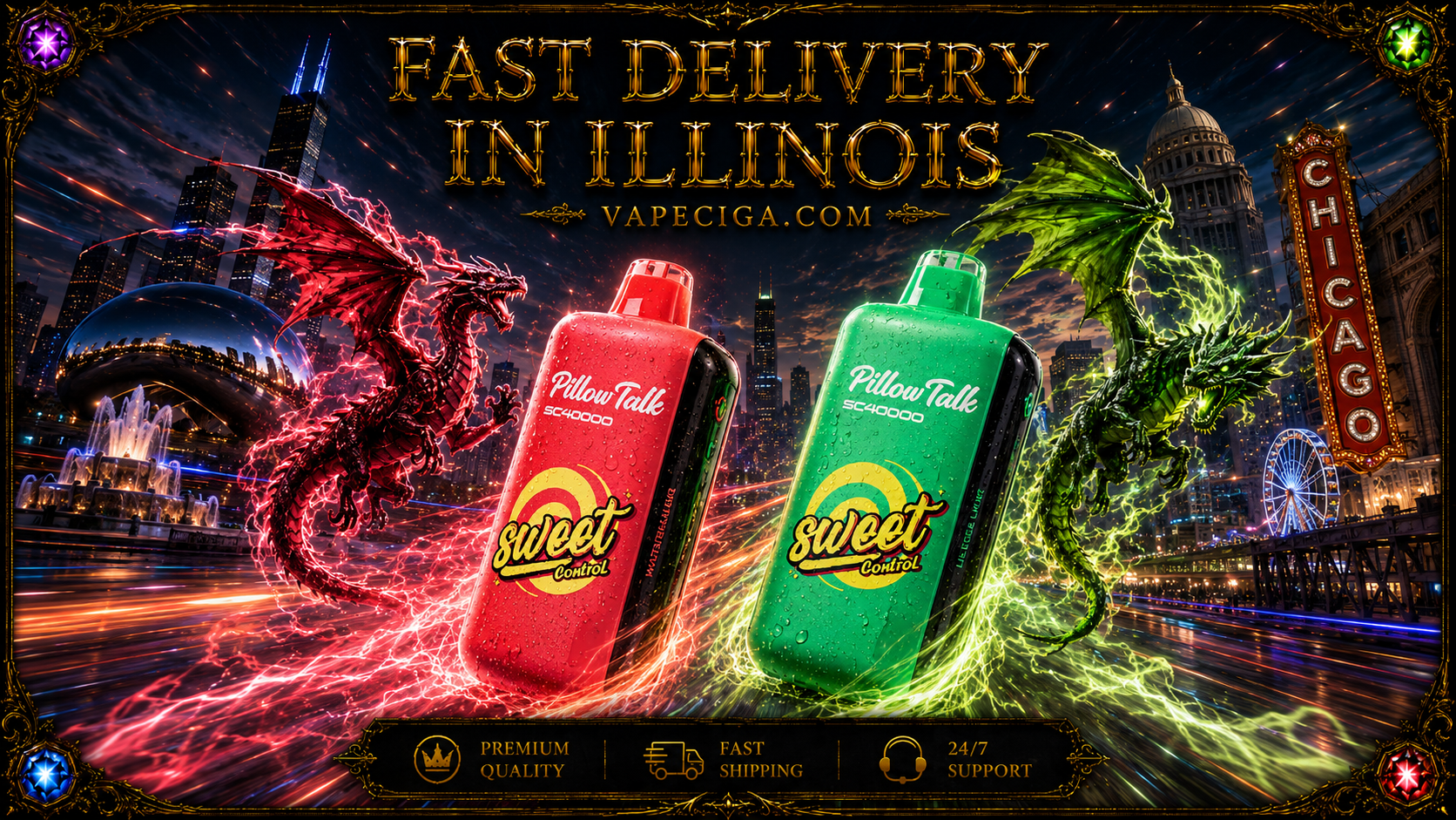Two “Pillow Talk SC40000 Sweet Control” vape devices, one red and one green, glow with vivid energy effects. A red dragon and a green dragon swirl behind them against a Chicago backdrop featuring Cloud Gate, Willis Tower, and the Chicago Theatre sign. Golden text highlights fast delivery in Illinois, supported by icons for premium quality, fast shipping, and 24/7 support.