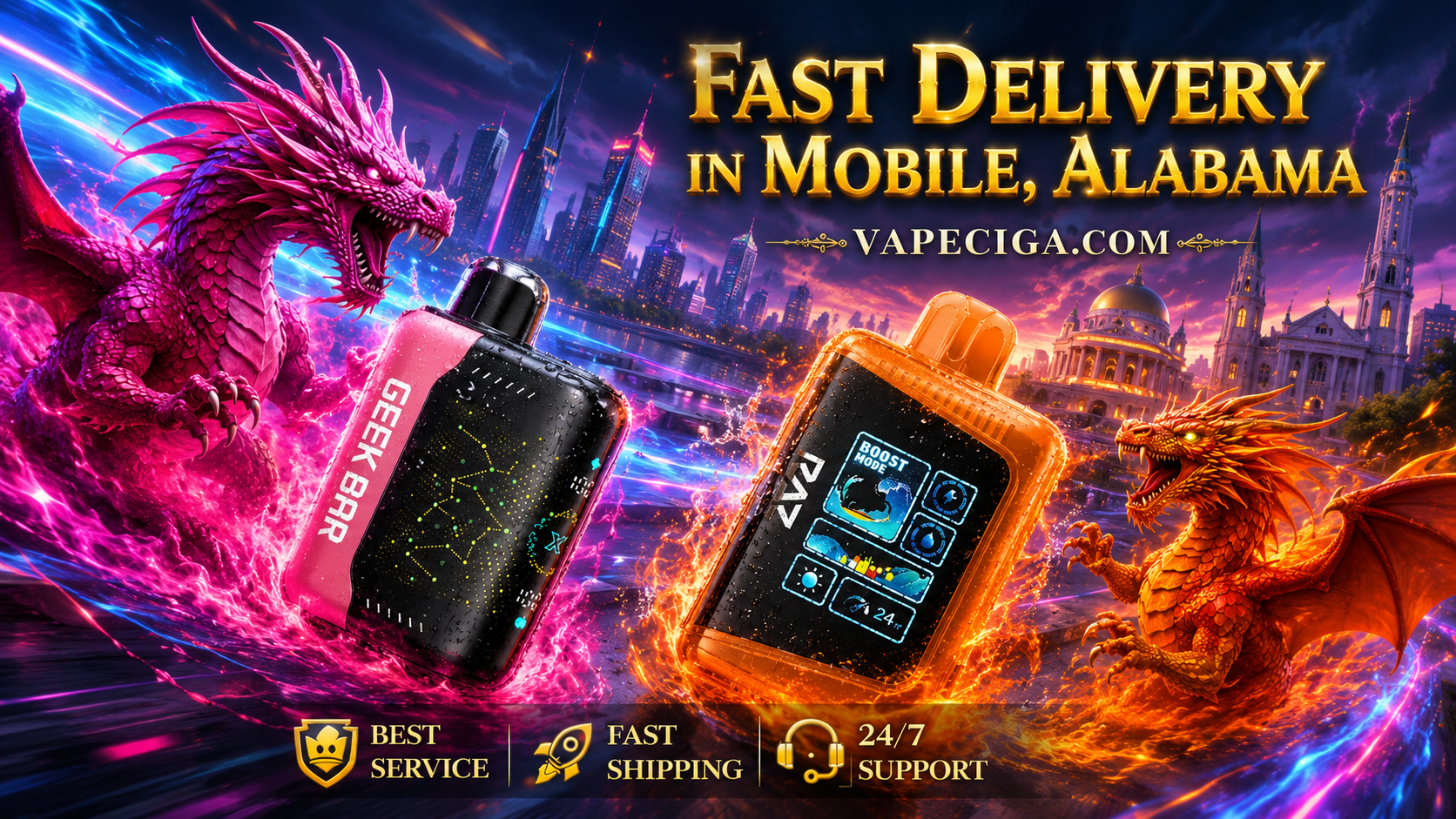 The vibrant banner features two vape devices — a pink and black GEEK BAR with glowing energy and an orange device in BOOST MODE — each paired with dragons embodying fire and power. A purple dragon radiates energy behind the GEEK BAR, while an orange dragon breathes flames around the BOOST device, set against Mobile’s illuminated skyline. Text highlights Fast Delivery in Mobile, Alabama with Vapeciga.com, supported by icons for best service, fast shipping, and 24/7 support.