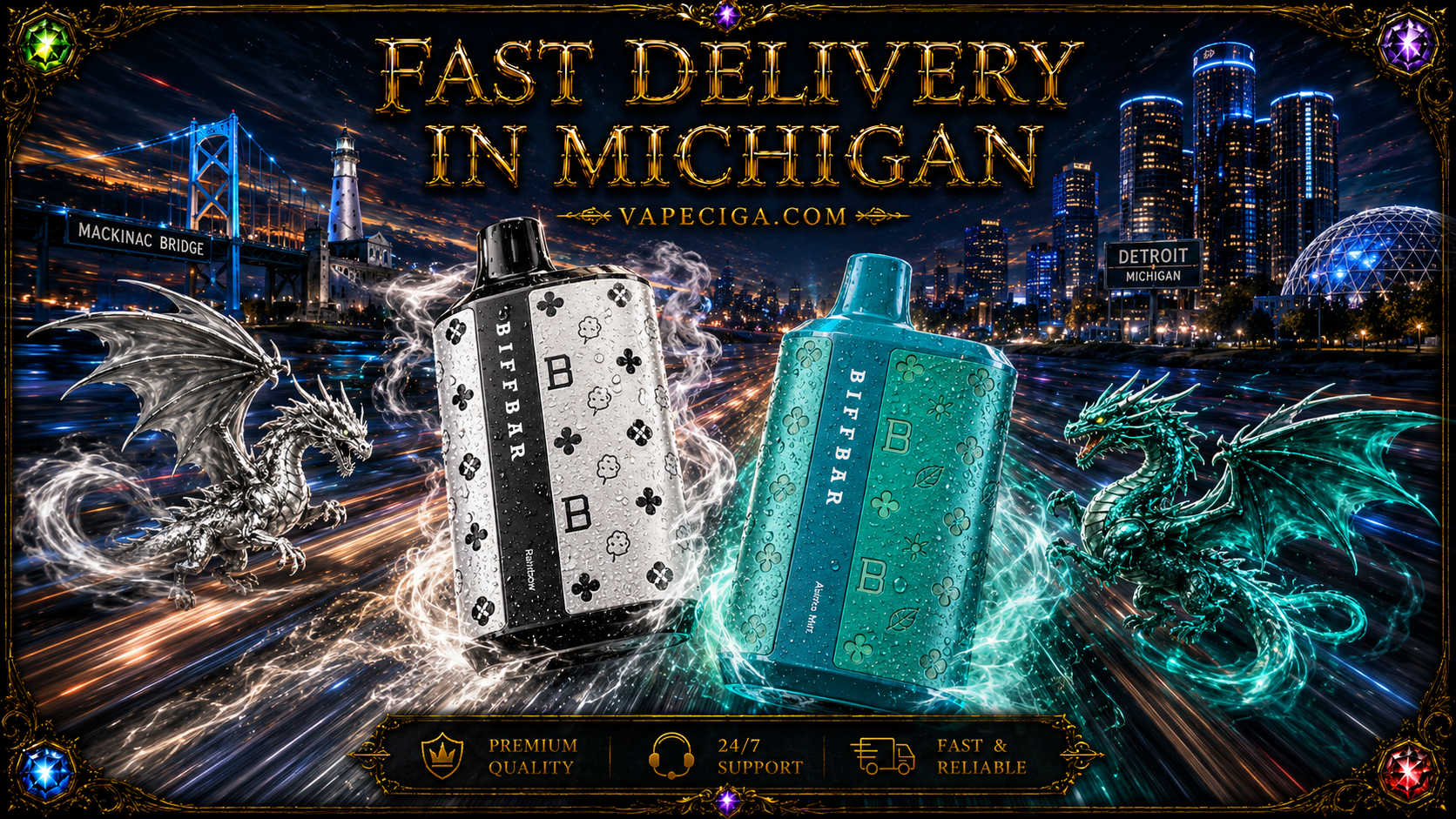 Two “Biffbar” vape devices, one silver‑black and one teal‑blue, shine with water droplets and glowing accents. A metallic silver dragon and a teal dragon emit energy around them against Michigan landmarks like the Mackinac Bridge and Detroit skyline. Golden text highlights fast delivery in Michigan, supported by icons for premium quality, 24/7 support, and reliable service.