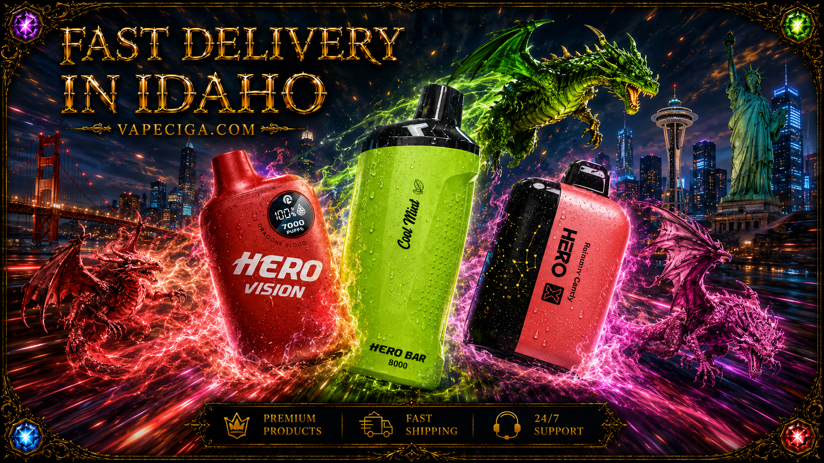 Three vape devices glow with lightning and water effects: a red “Hero Vision Dragon’s Blood,” a green “Hero Bar Cool Mint,” and a pink “Hero X Rainberry Candy.” Red, green, and purple dragons swirl around them against a fantasy cityscape with landmarks like the Golden Gate Bridge, Space Needle, and Statue of Liberty. Golden text highlights fast delivery in Idaho, supported by icons for premium products, fast shipping, and 24/7 support.