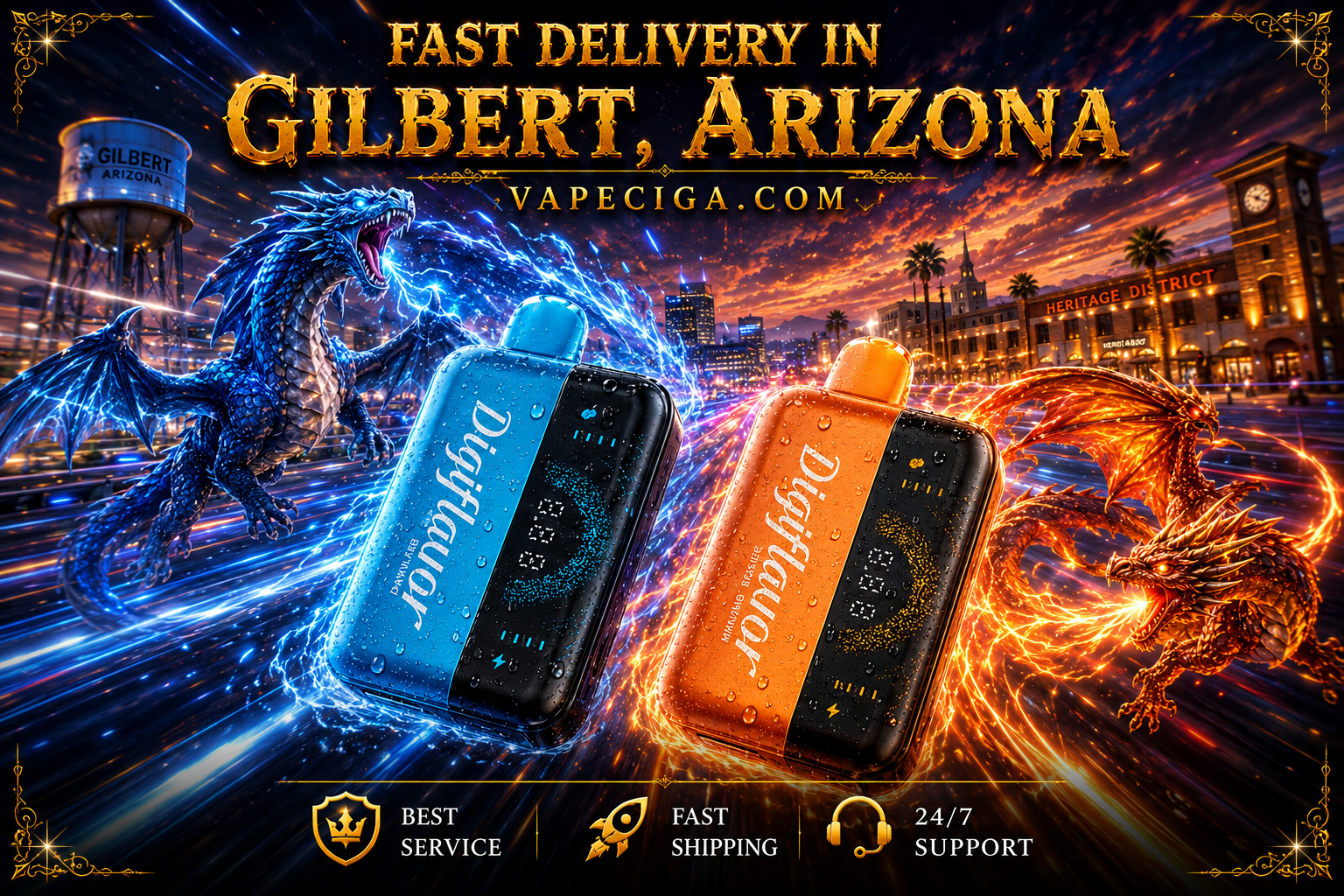 Two Digiflavor vape devices, one blue and one orange, glow with dynamic energy effects against Gilbert’s Heritage District and water tower backdrop. A blue dragon crackles with electric power behind the blue device, while a red dragon breathes fire behind the orange, symbolizing speed and strength. Bold text promotes “Fast Delivery in Gilbert, Arizona” with Vapeciga.com, supported by icons for best service, fast shipping, and 24/7 support.
