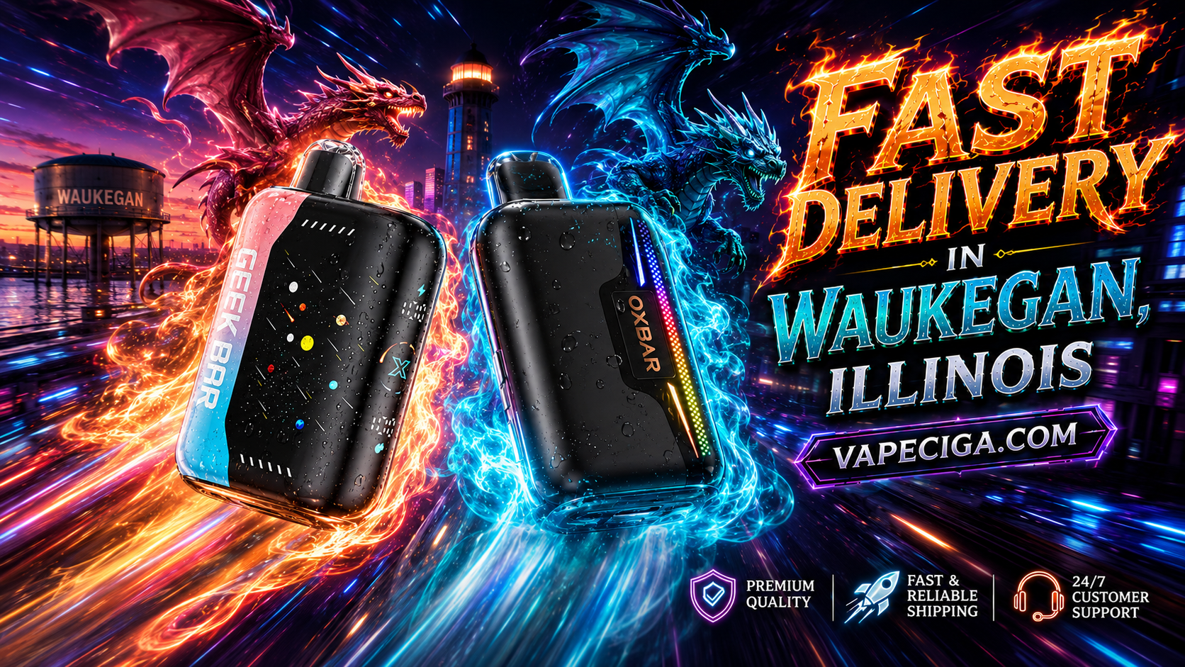 The advertisement showcases two vape devices — a Geek Bar and an Oxbar — glowing with fiery and icy energy effects against the illuminated skyline of Waukegan, Illinois. A red dragon and a blue dragon surround the devices with dramatic light, adding a fantasy-inspired atmosphere. The banner emphasizes fast delivery and premium service from Vapeciga.com, supported by icons for premium quality, reliable shipping, and 24/7 customer support.