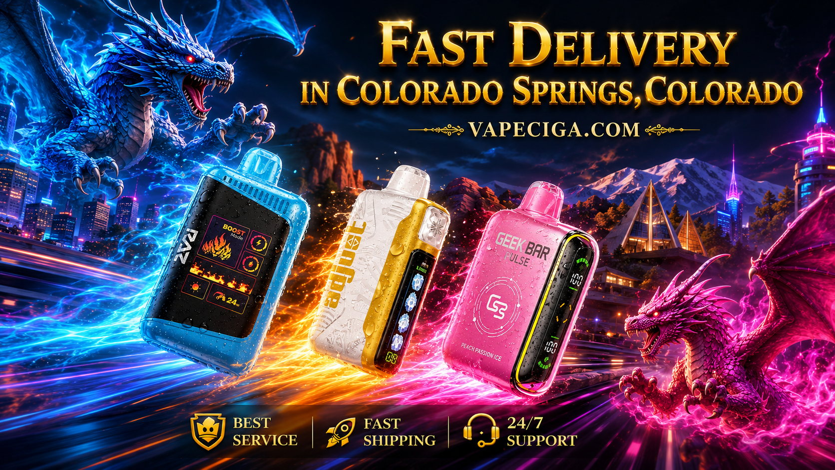A vibrant promotional banner features three colorful disposable vapes racing through a futuristic Colorado Springs skyline with glowing blue, gold, and pink energy trails. Two powerful dragons surround the devices while iconic Colorado landmarks, including Pikes Peak and the United States Air Force Academy Cadet Chapel, create a dramatic backdrop promoting fast vape delivery by VapeCiga.