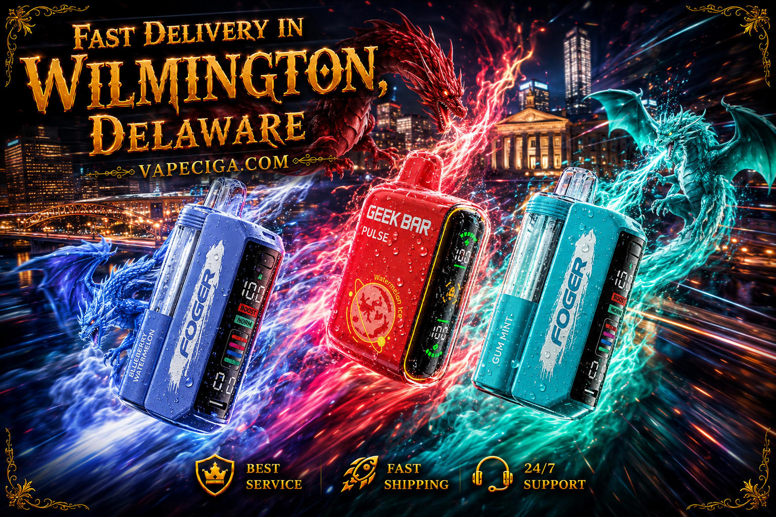 A striking promotional banner features three colorful disposable vapes racing through a futuristic Wilmington, Delaware skyline, surrounded by blazing energy trails, dramatic water droplets, and vivid elemental effects. Three powerful dragons, each matching the color of a vape, breathe streams of fire and energy around the devices, while bold golden text promotes Fast Delivery in Wilmington, Delaware, Vapeciga.com, and highlights best service, fast shipping, and 24/7 support.