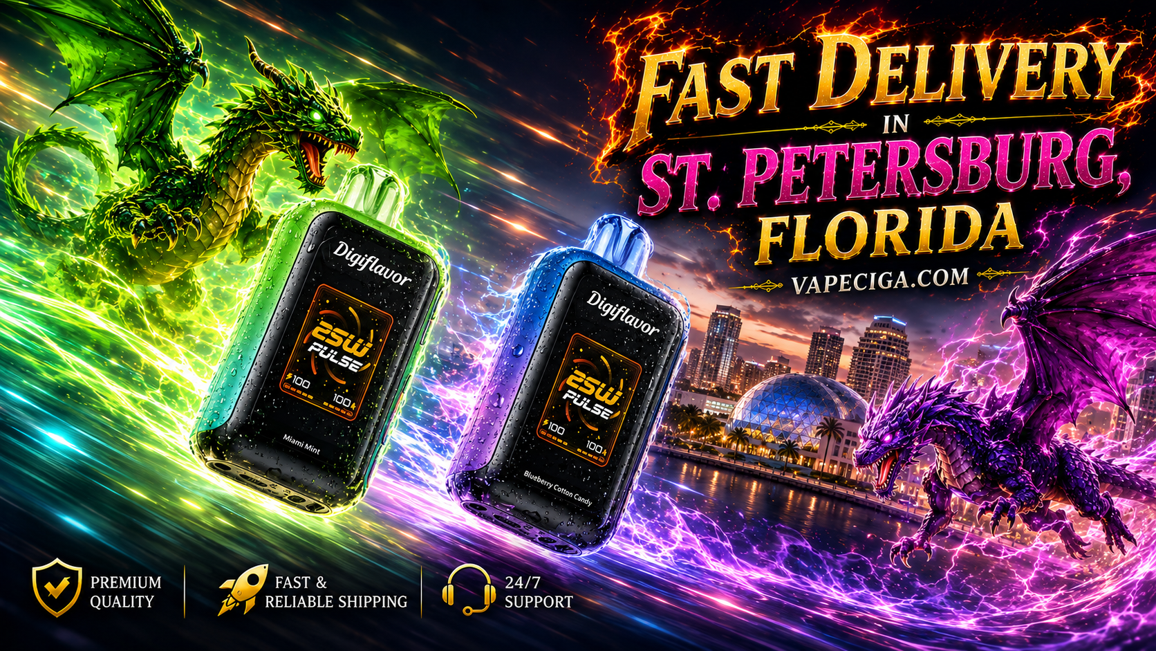 A colorful fantasy-themed advertisement showcases two Digiflavor ESW Pulse vape devices, Miami Mint in green and Blueberry Cotton Candy in blue, glowing with radiant energy effects. Green and purple dragons swirl with dynamic trails above the illuminated St. Petersburg waterfront skyline. Bold golden text promotes fast delivery in St. Petersburg, Florida through Vapeciga.com, with service icons highlighting premium quality, fast and reliable shipping, and 24/7 support.