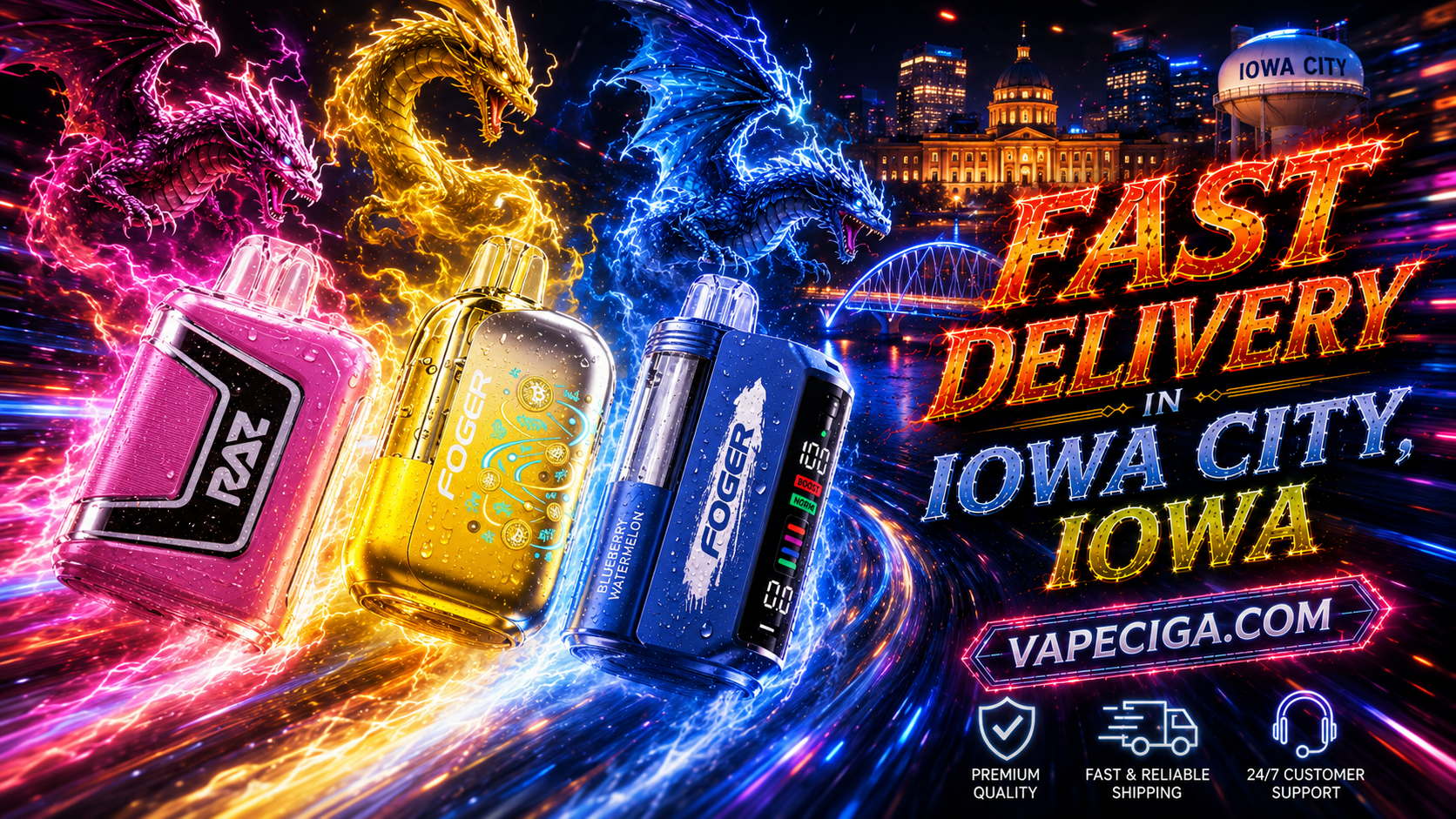 The image highlights three vape devices — a pink RAZ, a gold Foger, and a blue Foger Blueberry Watermelon — glowing with vivid lightning and energy effects. Purple, gold, and blue dragons surge dramatically above the Iowa City skyline, with illuminated buildings and a water tower in the background. Bold text promotes fast delivery through Vapeciga.com, supported by icons for premium quality, reliable shipping, and 24/7 customer support.