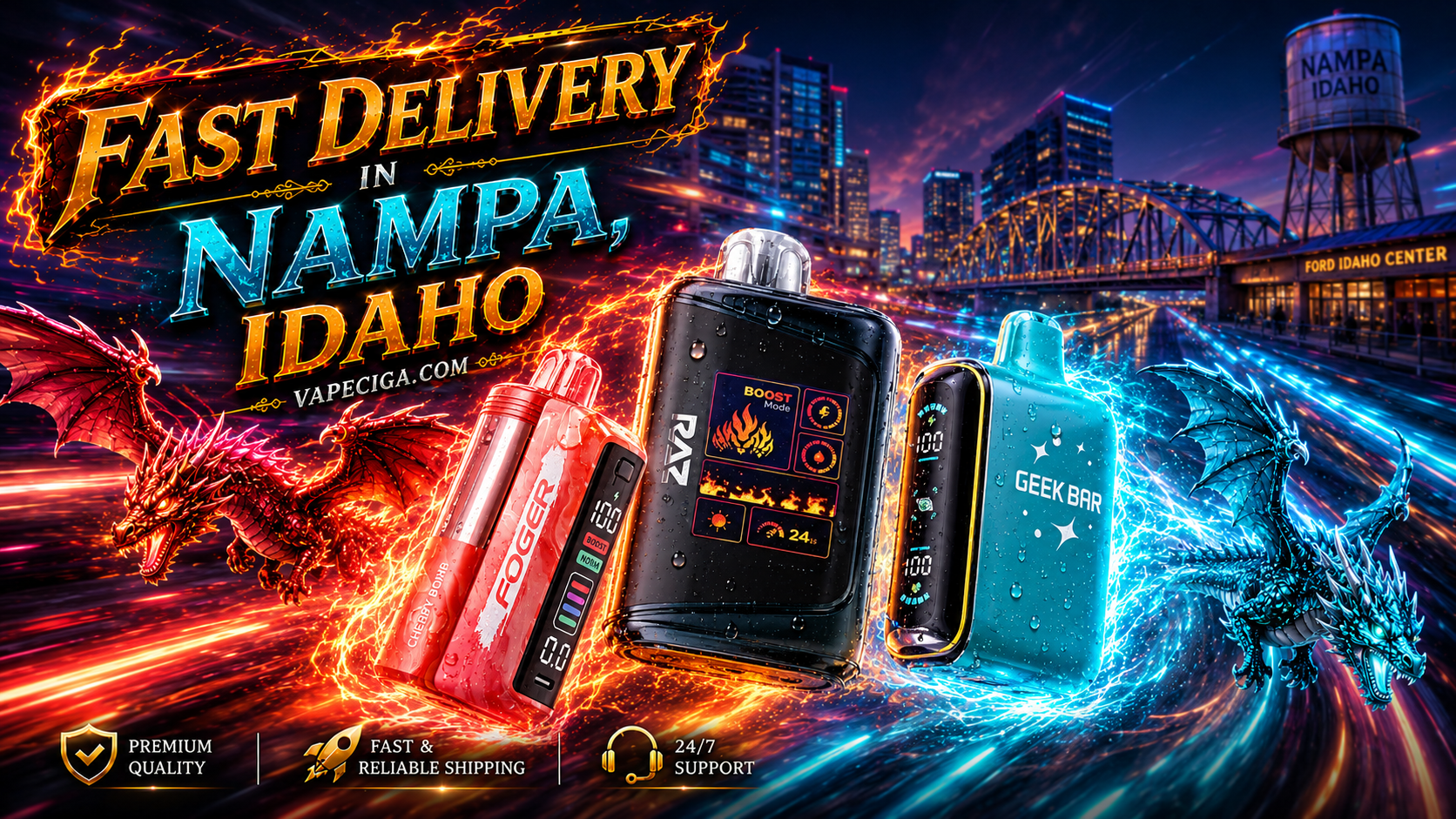 A futuristic promotional banner for Vapeciga showcases colorful disposable vapes racing through a neon-lit version of Nampa, Idaho with glowing energy trails and water droplets. Red and blue dragons fly beside the devices, matching their colors, while bold 