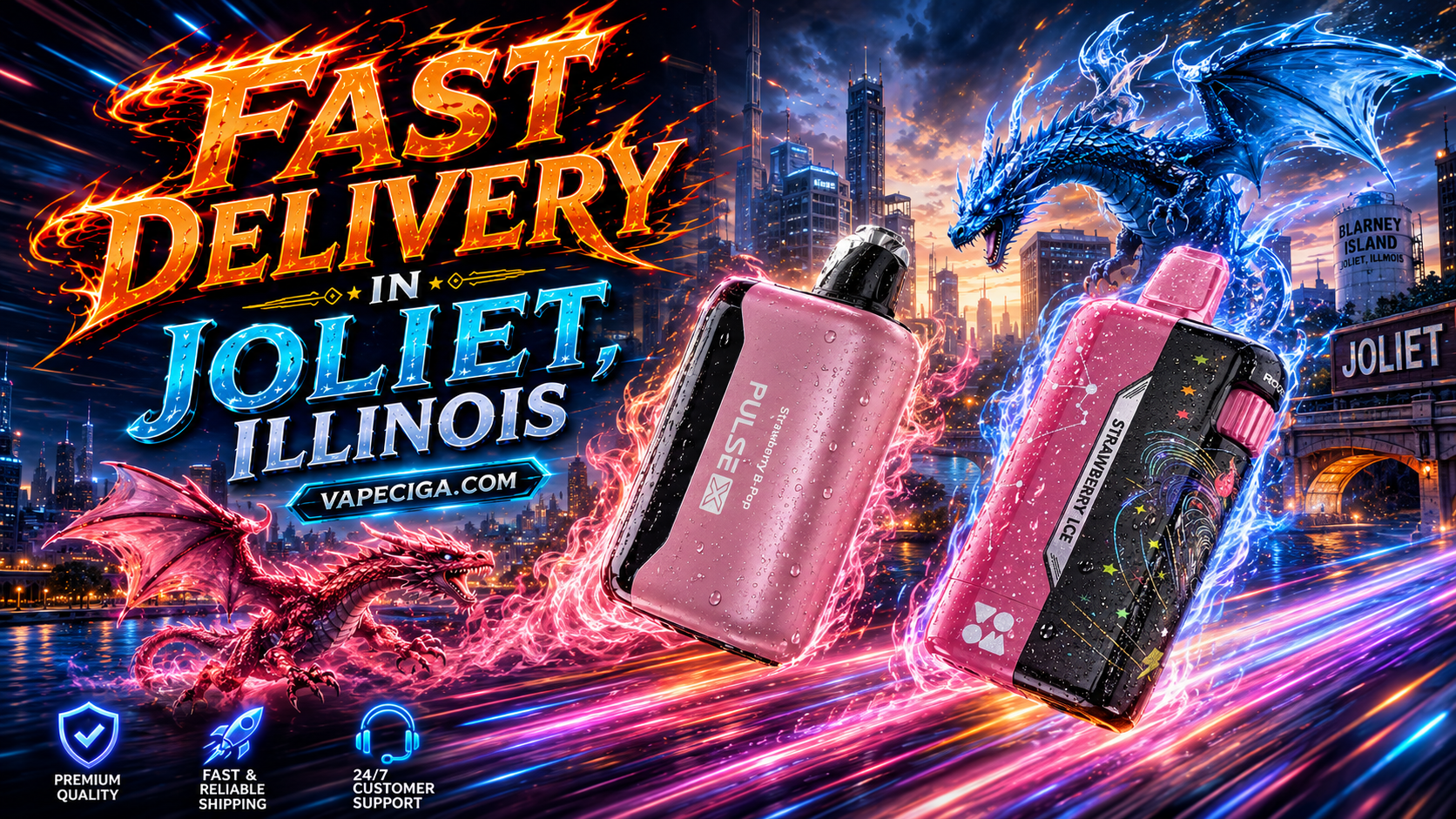 The advertisement showcases two vape devices — a pink Pulse Strawberry B Pop and a black Strawberry Ice — glowing with energy effects against the futuristic skyline of Joliet, Illinois. A red dragon breathes fire while a blue dragon crackles with electricity, surrounding the devices in a dramatic fantasy scene. The banner emphasizes fast delivery and premium service from Vapeciga.com, supported by icons for premium quality, reliable shipping, and 24/7 customer support.