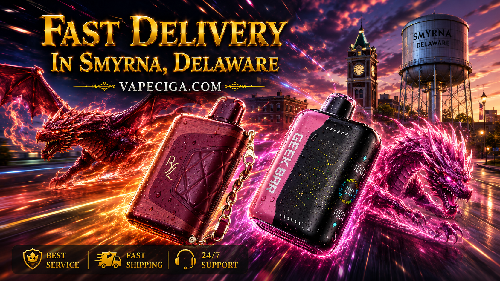 A vivid fantasy-inspired advertisement displays two vape devices, one red and one black‑pink, surrounded by racing dragons with glowing energy trails. The Smyrna, Delaware cityscape with its clock tower and water tower forms the backdrop, while bold golden text highlights fast delivery through Vapeciga.com. Service icons at the bottom emphasize best service, fast shipping, and 24/7 support.