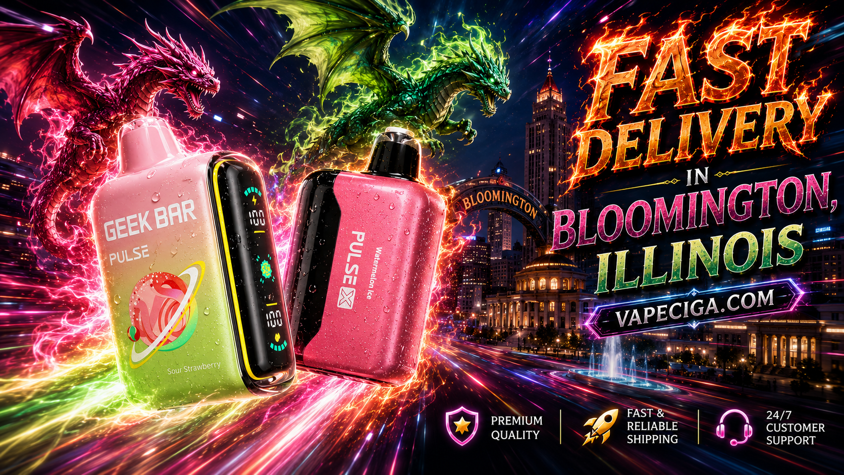 The advertisement features two vape devices — a Geek Bar Pulse Sour Strawberry and a Pulse X Watermelon Ice — glowing with neon energy effects against the illuminated skyline of Bloomington, Illinois. A red dragon and a green dragon swirl around the devices with fiery and electric power, creating a vivid fantasy-inspired atmosphere. The banner emphasizes fast delivery and premium service from Vapeciga.com, supported by icons for premium quality, reliable shipping, and 24/7 customer support.