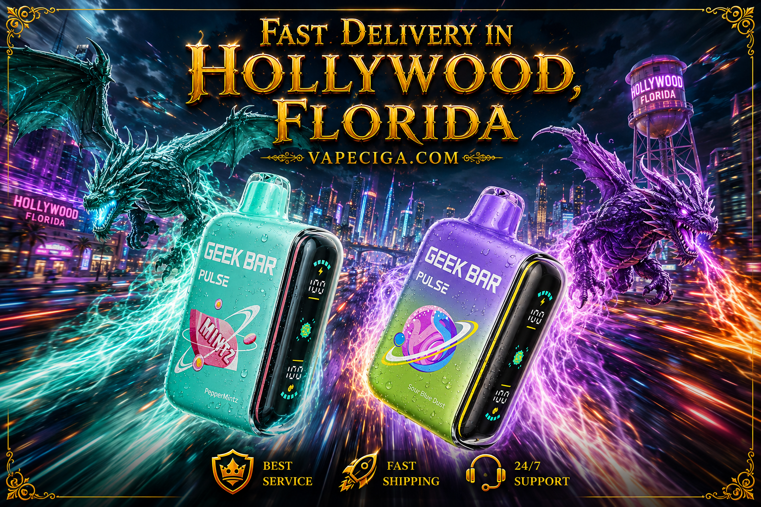 A futuristic promotional banner for VapeCiga features two Geek Bar disposable vapes racing through Hollywood, Florida, surrounded by glowing dragons that match the colors of the devices. Neon city lights, the Hollywood water tower, colorful energy trails, water droplets, flames, and gold typography reading 