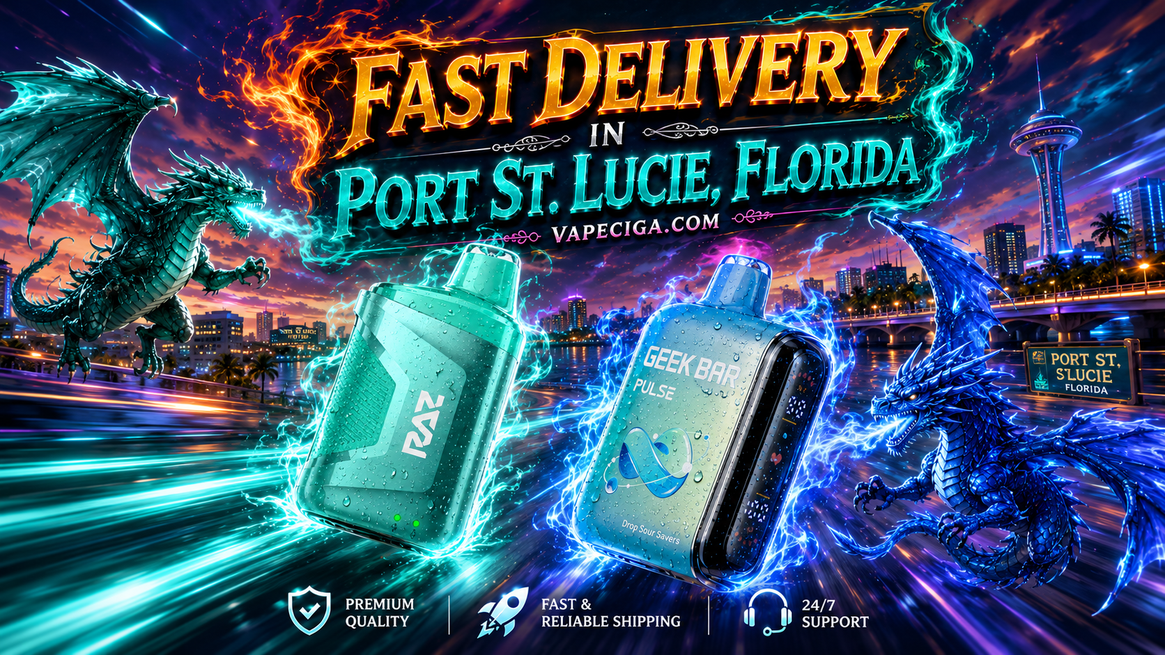 A vibrant fantasy-themed advertisement showcases two vape devices, RAZ in green and Geek Bar Pulse Drop Sour Savers in blue, glowing with radiant energy effects. Green and blue dragons breathe powerful flames and energy trails above the illuminated Port St. Lucie skyline at night. Bold golden text promotes fast delivery in Port St. Lucie, Florida through Vapeciga.com, with service icons highlighting premium quality, fast and reliable shipping, and 24/7 support.