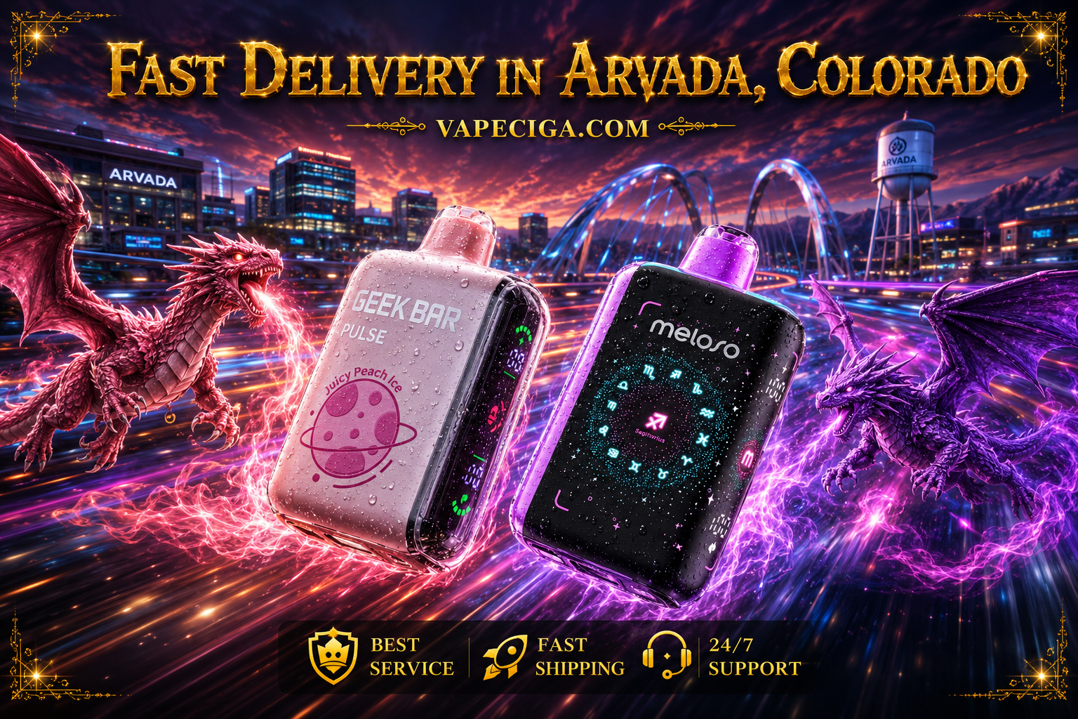 A vibrant promotional banner showcases two premium disposable vapes racing through a futuristic Arvada, Colorado skyline, surrounded by glowing dragons, colorful energy trails, and dramatic lighting effects. The devices are covered with realistic water droplets, while bold golden lettering highlights 