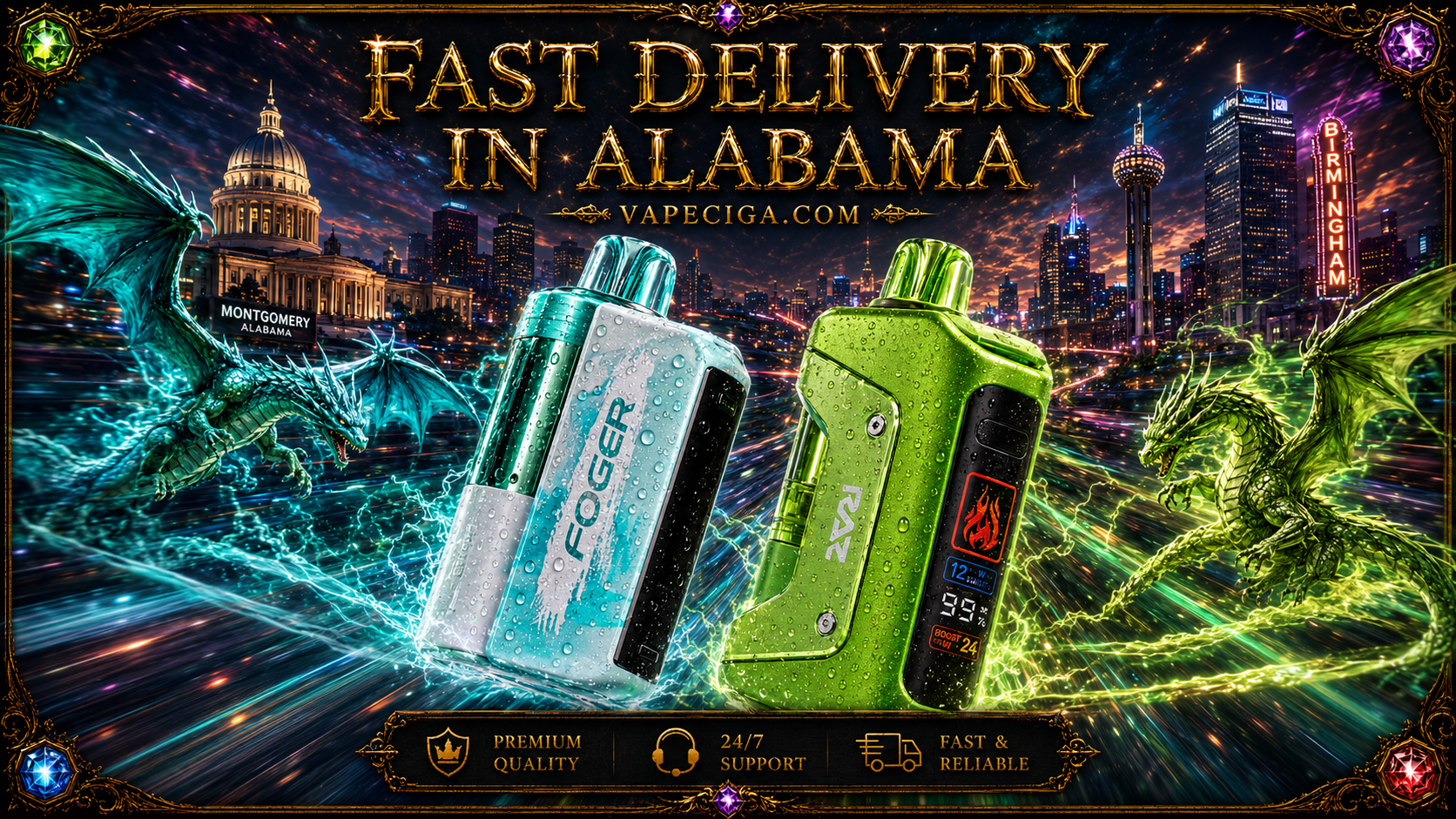 Two vape devices, one silver‑turquoise labeled FOGER and one green with a digital display, stand at the center surrounded by glowing dragons. A stylized Alabama cityscape highlights landmarks of Montgomery and Birmingham with vivid lights and energy trails. Golden text emphasizes fast delivery across Alabama, supported by icons for premium quality, 24/7 support, and reliable service.