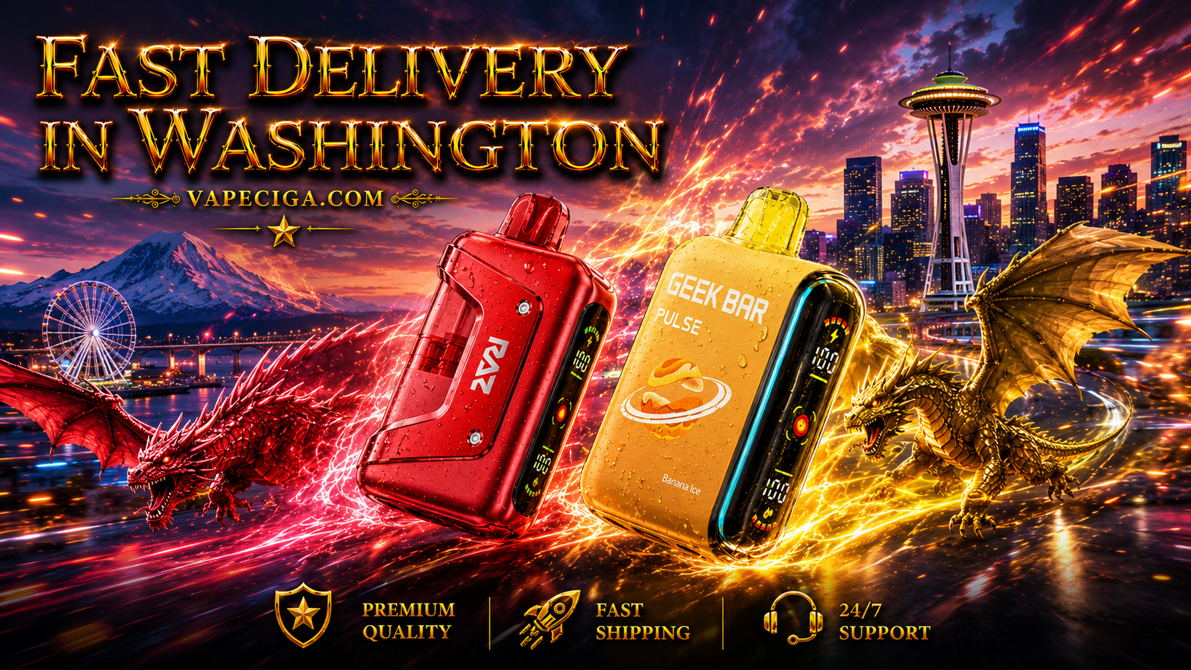 A bold advertisement showcases two vape devices, one red labeled “RAZ” and one yellow labeled “Geek Bar Pulse Banana Ice,” glowing with dynamic energy. Fiery red and golden dragons surround the products with electric effects, set against Washington landmarks like the Seattle Space Needle, Mount Rainier, and a waterfront Ferris wheel. The banner emphasizes “Fast Delivery in Washington” with Vapeciga.com, supported by icons for premium quality, fast shipping, and 24/7 support.