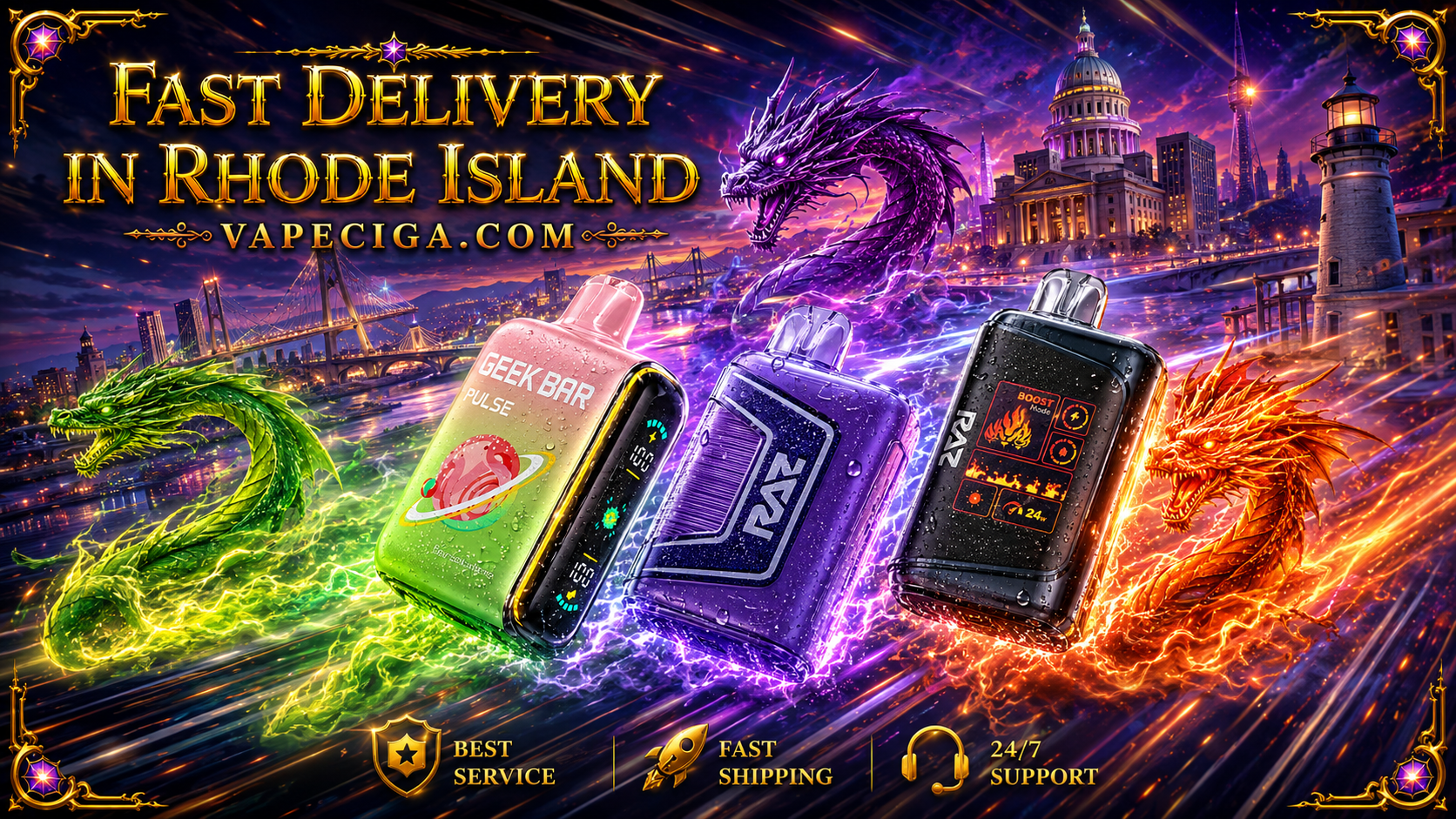 Three vape devices glow with vibrant energy, each paired with dragons in green, purple, and red that swirl dramatically around them. A Rhode Island cityscape with bridges, buildings, and a lighthouse rises under a fiery sky, blending fantasy with urban scenery. Text emphasizes fast delivery, best service, and 24/7 support from Vapeciga.com.