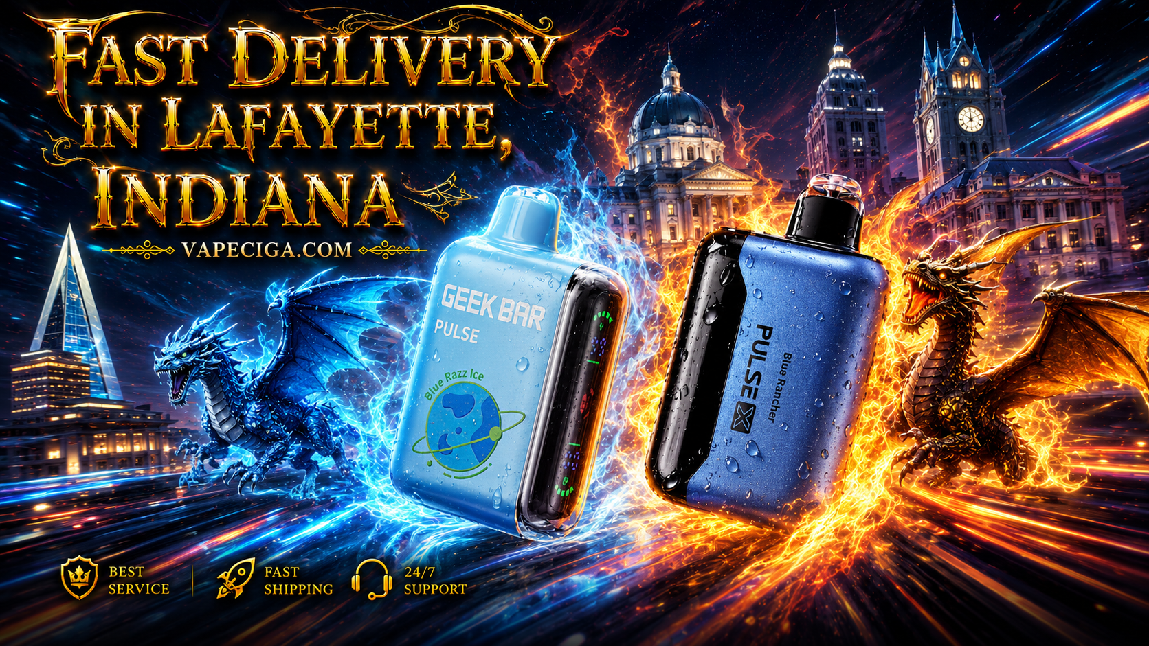 The image highlights two vape devices — a Geek Bar Pulse Blue Razz Ice and a Pulse X Blue Rancher — glowing with vivid energy effects. A blue dragon with cool tones and skyscrapers contrasts against a fiery orange dragon with warm tones and classical architecture, symbolizing Lafayette, Indiana. Bold text promotes fast delivery through Vapeciga.com, supported by icons for best service, fast shipping, and 24/7 support.