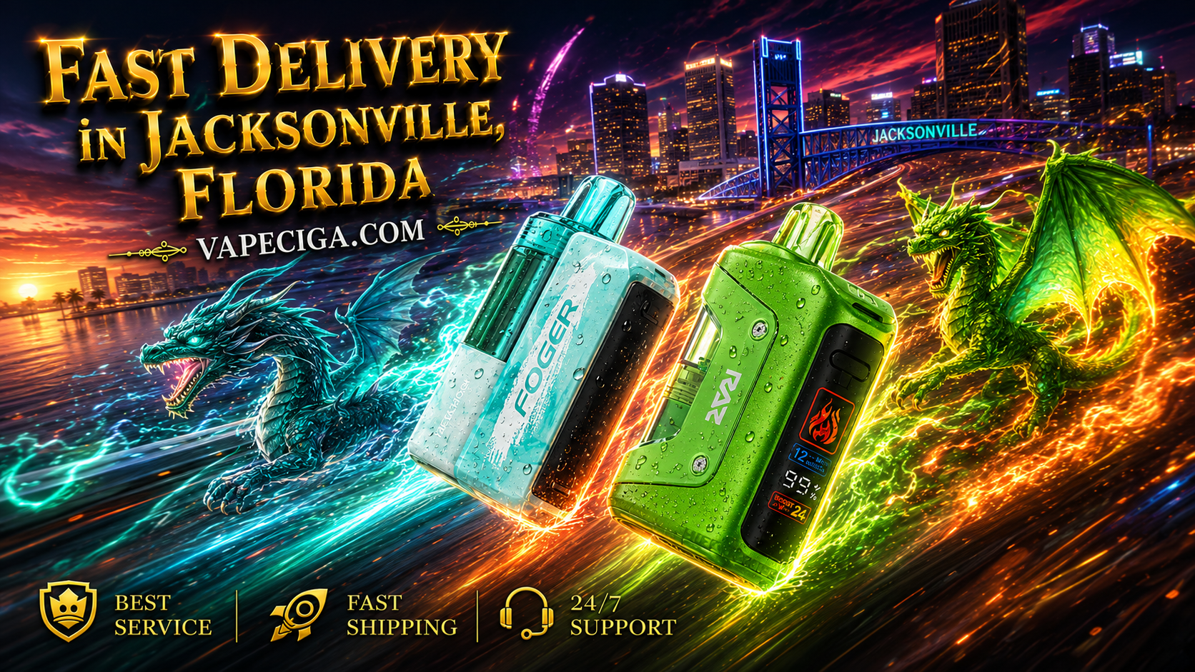 A vibrant fantasy-themed advertisement showcases two vape devices, Foger in turquoise and RAZ in green, glowing with radiant energy effects. Behind them, blue and green dragons emerge from swirling trails above the Jacksonville, Florida skyline and illuminated bridge. Bold golden text promotes fast delivery through Vapeciga.com, with service icons emphasizing best service, fast shipping, and 24/7 support.