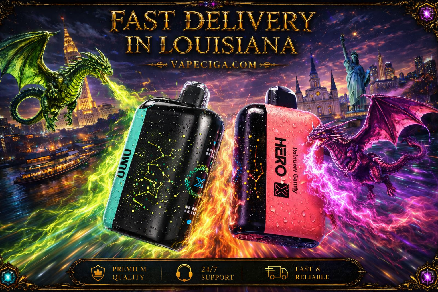 Two vape devices, a turquoise “UMMU” with constellation design and a black‑red “Hero X Rainlovy Gravity,” shine with water droplets and glowing accents. A green dragon breathes fire on the left while a purple dragon emits lightning on the right, set against a dramatic cityscape with landmarks like the Statue of Liberty. Golden text highlights fast delivery in Louisiana, supported by icons for premium quality, 24/7 support, and reliable service.