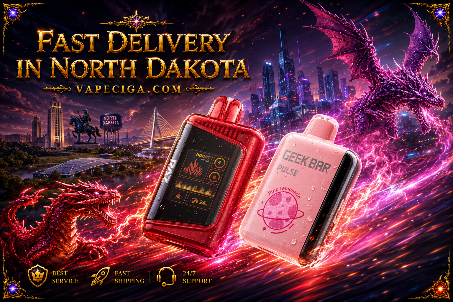 Two vape devices, a red “Boost Mode” and a pink “Geek Bar Pulse Pink Lemonade,” glow with vivid digital displays. A red dragon and a purple dragon surround them with fiery and glowing energy against North Dakota landmarks, including a statue, a bridge, and futuristic skyscrapers. Golden text highlights fast delivery in North Dakota, supported by icons for best service, fast shipping, and 24/7 support.