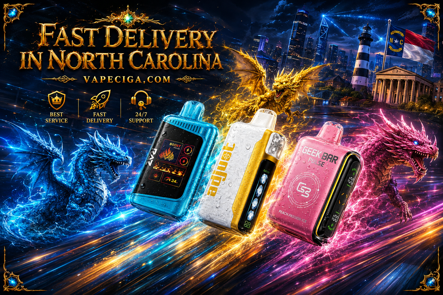Three vape devices — a blue “Boost Mode,” a white-and-gold “Aegis,” and a pink “Geek Bar Pulse Peach Passion Ice” — glow with vivid digital accents. A blue dragon, a golden dragon, and a pink dragon surround them with energy trails against North Carolina landmarks like a lighthouse, the state flag, and a classical building. Golden text highlights fast delivery in North Carolina, supported by icons for best service, fast delivery, and 24/7 support.