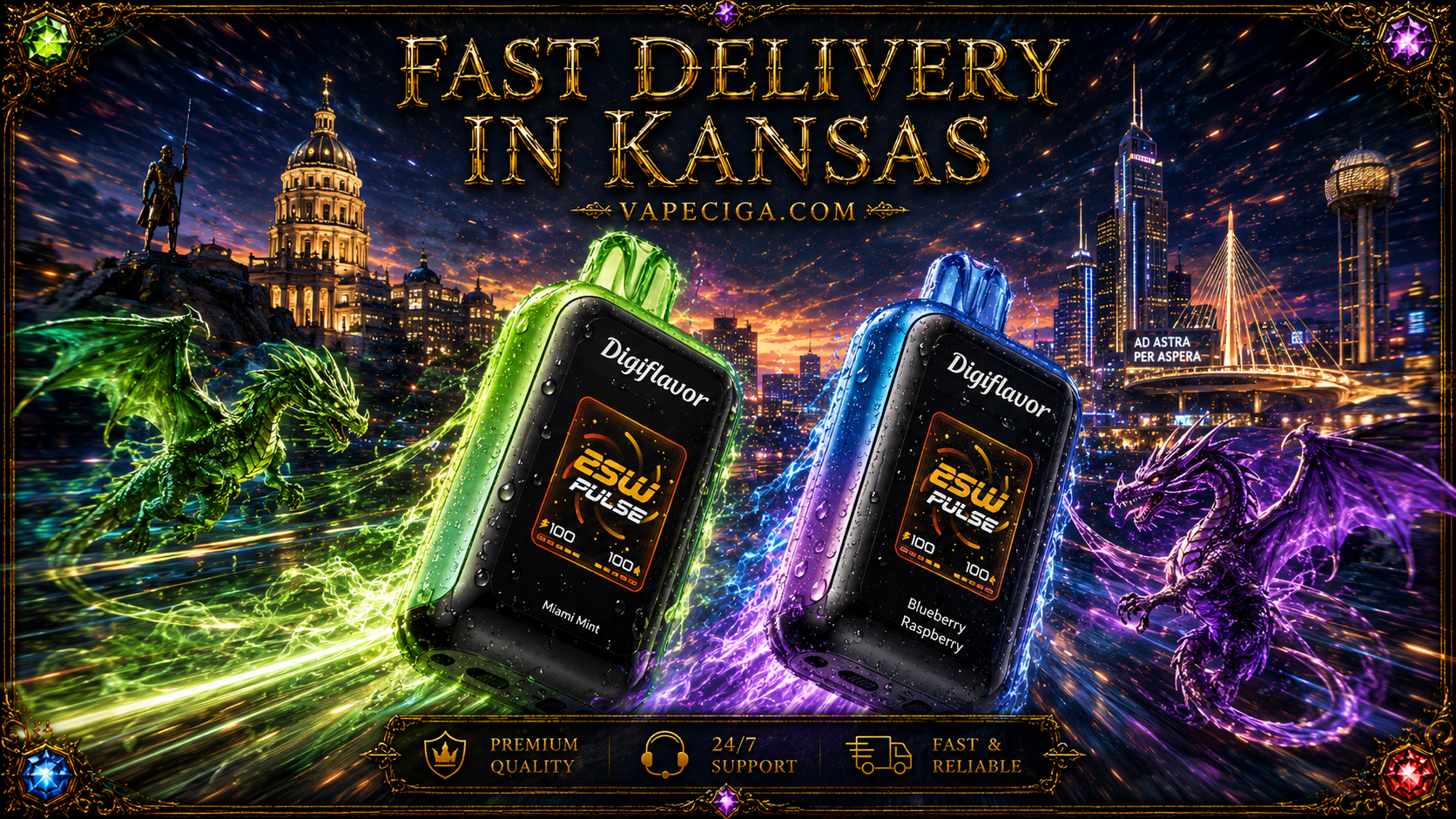 Two vape devices, a green “Digiflavor Miami Mint” and a blue “ESW Pulse Blueberry Raspberry,” glow with vivid energy effects. A green dragon and a purple dragon swirl through a magical landscape against Kansas landmarks like the State Capitol and skyscrapers. Golden text highlights fast delivery in Kansas, supported by icons for premium quality, 24/7 support, and reliable service.