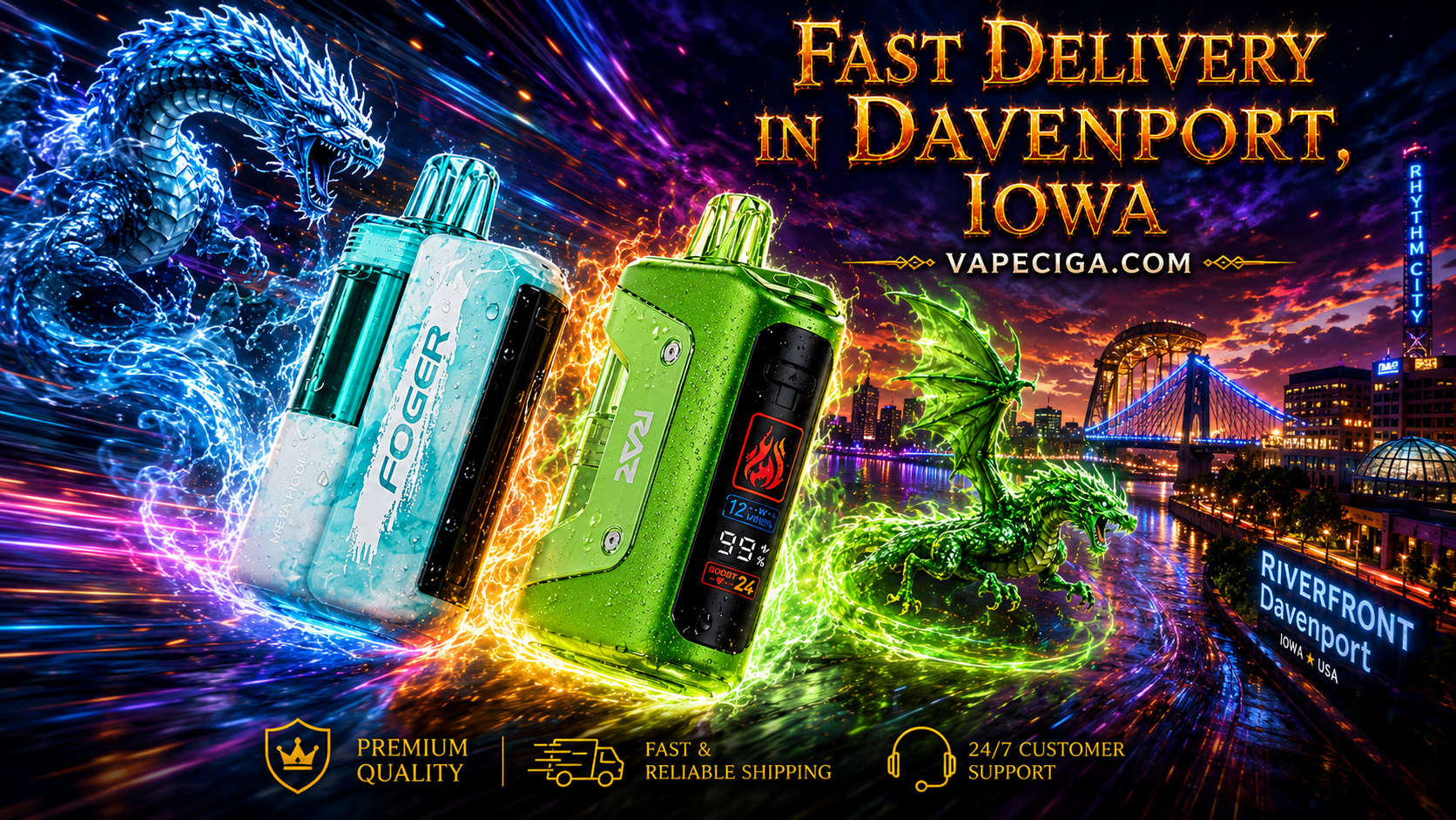The image highlights two vape devices — a blue Foger and a green RAZ — glowing with vivid lightning and energy effects. A blue dragon and a green dragon surge dramatically over the Davenport, Iowa skyline, with illuminated buildings and a bright riverfront bridge in the background. Bold text promotes fast delivery through Vapeciga.com, supported by icons for premium quality, reliable shipping, and 24/7 customer support.