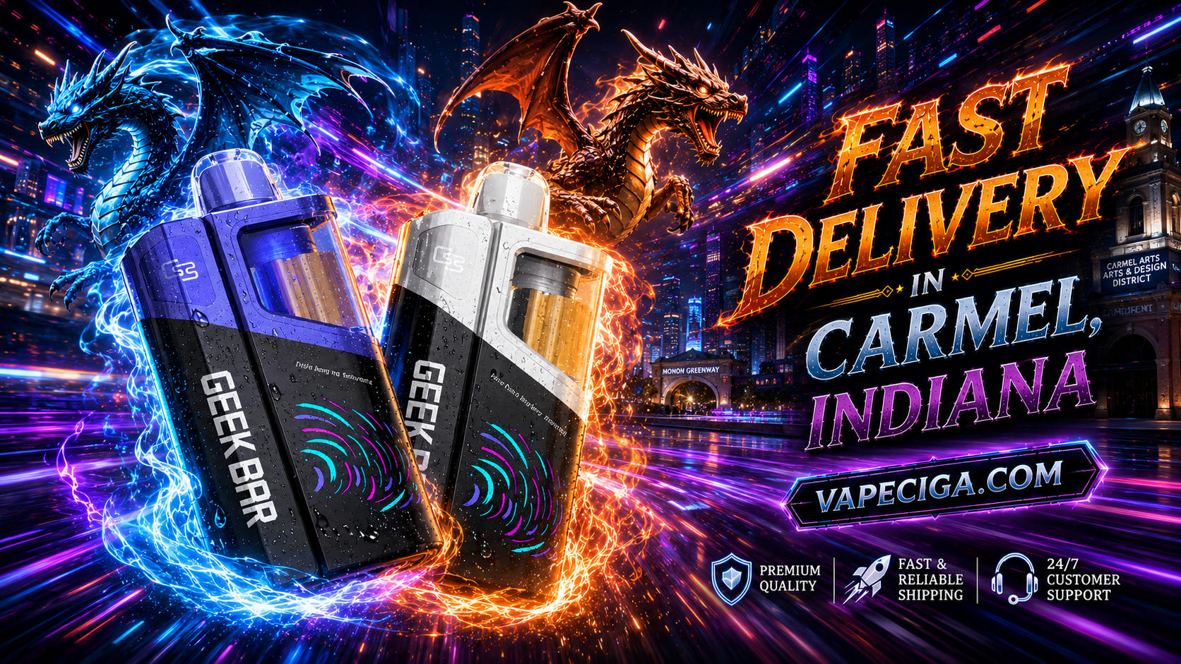 A vibrant promotional banner for Vape Ciga showcasing Geek Bar disposable vapes surrounded by blue and orange energy, with two powerful dragons flying over a futuristic nighttime skyline of Carmel, Indiana. The image highlights fast vape delivery, premium quality, and reliable shipping, creating a bold visual that emphasizes the large selection of disposable vapes available through Vape Ciga's online store.