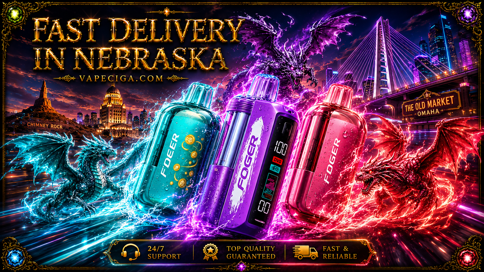 Three colorful vape devices branded “Fogger” and “F‑Deer” glow with energy effects, surrounded by a blue dragon and a red dragon. Nebraska landmarks like Chimney Rock and the Old Market Omaha appear in the illuminated cityscape with neon bridges. Golden text highlights fast delivery in Nebraska, supported by icons for 24/7 support, top quality guaranteed, and reliable service.