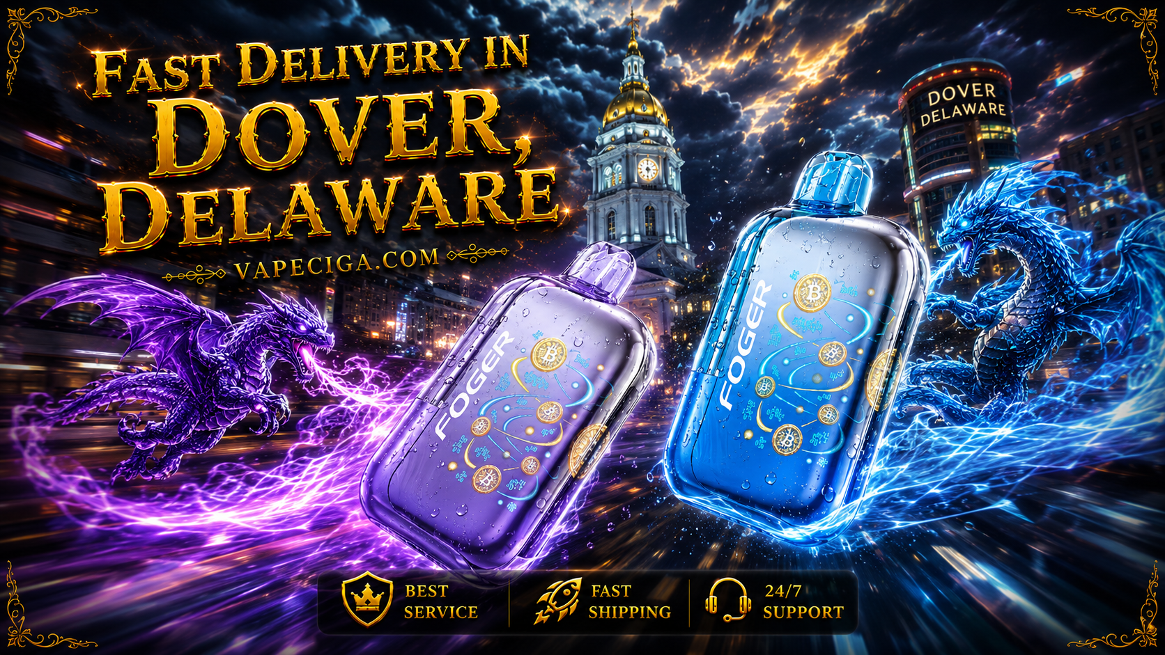 A vibrant promotional banner features two water-covered Foger disposable vapes racing through a futuristic night version of Dover, Delaware, surrounded by glowing blue and purple dragons that match each device. Fiery energy trails, iconic Dover landmarks, and bold golden 