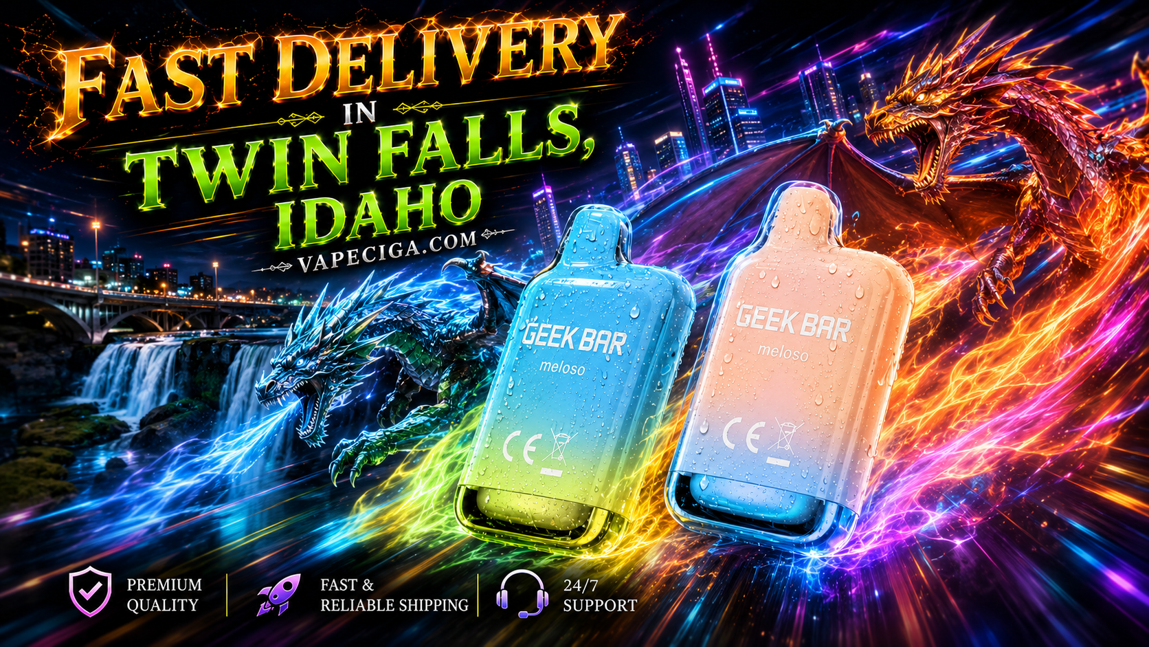 A vibrant promotional banner for VapeCiga showcases two Geek Bar Meloso disposable vapes racing through a futuristic Twin Falls, Idaho cityscape with glowing energy trails, sparkling water droplets, and colorful flames. Blue and orange dragons fly alongside the devices, while Shoshone Falls and the Perrine Bridge appear in the background beneath the bold headline, 