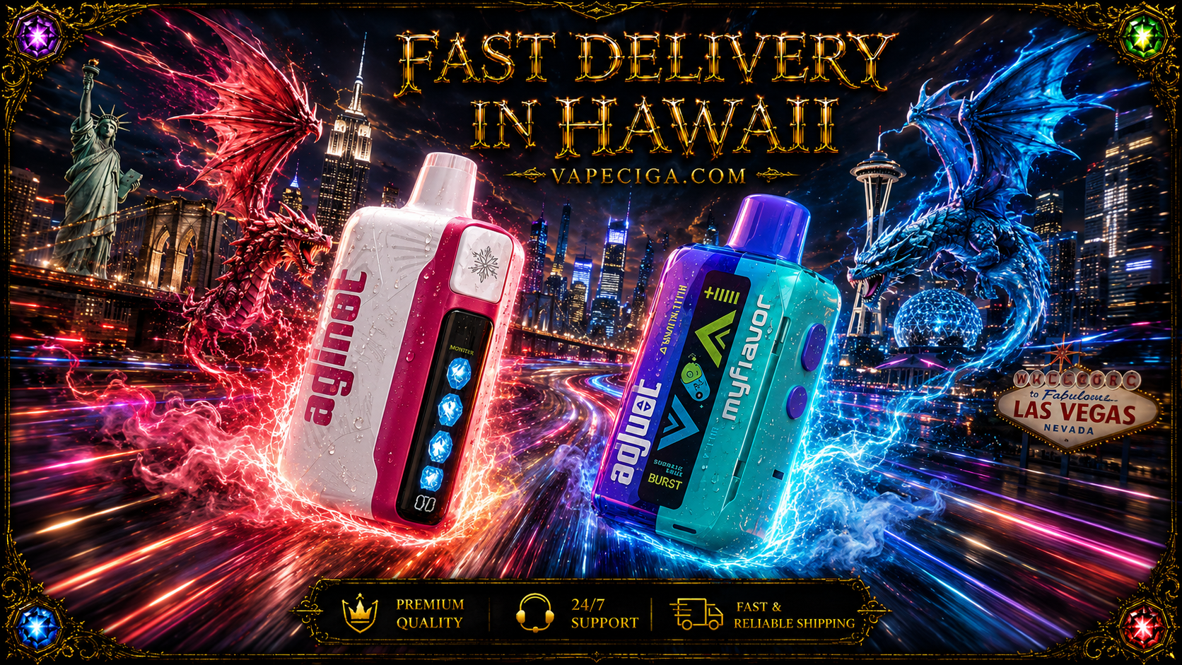 Two vape devices, a pink‑white “Agniel” and a blue‑turquoise “Myflavor,” glow with dynamic energy effects. A red dragon surrounds the pink device while a blue dragon powers the blue one, set against landmarks like the Statue of Liberty, Empire State Building, Space Needle, and Las Vegas sign. Golden text highlights fast delivery in Hawaii, supported by icons for premium quality, 24/7 support, and reliable shipping.
