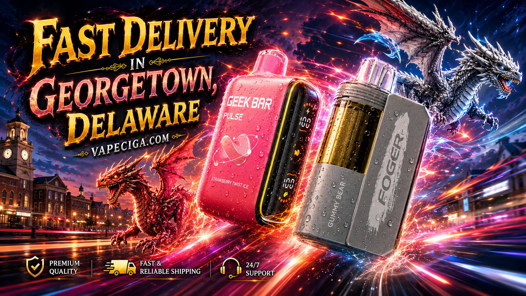 A bold fantasy-themed advertisement showcases two vape devices, Geek Bar Pulse Strawberry Twist Ice and Foger Gummy Bear, surrounded by a red dragon and a silver dragon flying over a glowing cityscape. The Georgetown, Delaware skyline with its clock tower sets the dramatic backdrop, while golden text promotes fast delivery through Vapeciga.com. Service icons at the bottom highlight premium quality, fast and reliable shipping, and 24/7 support.